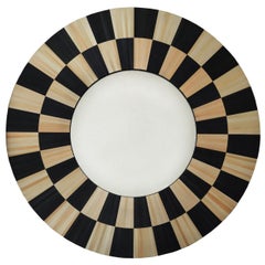 Wall Mirror Checkerboard Straw Marquetry Inlay Handcrafted Decorative Round