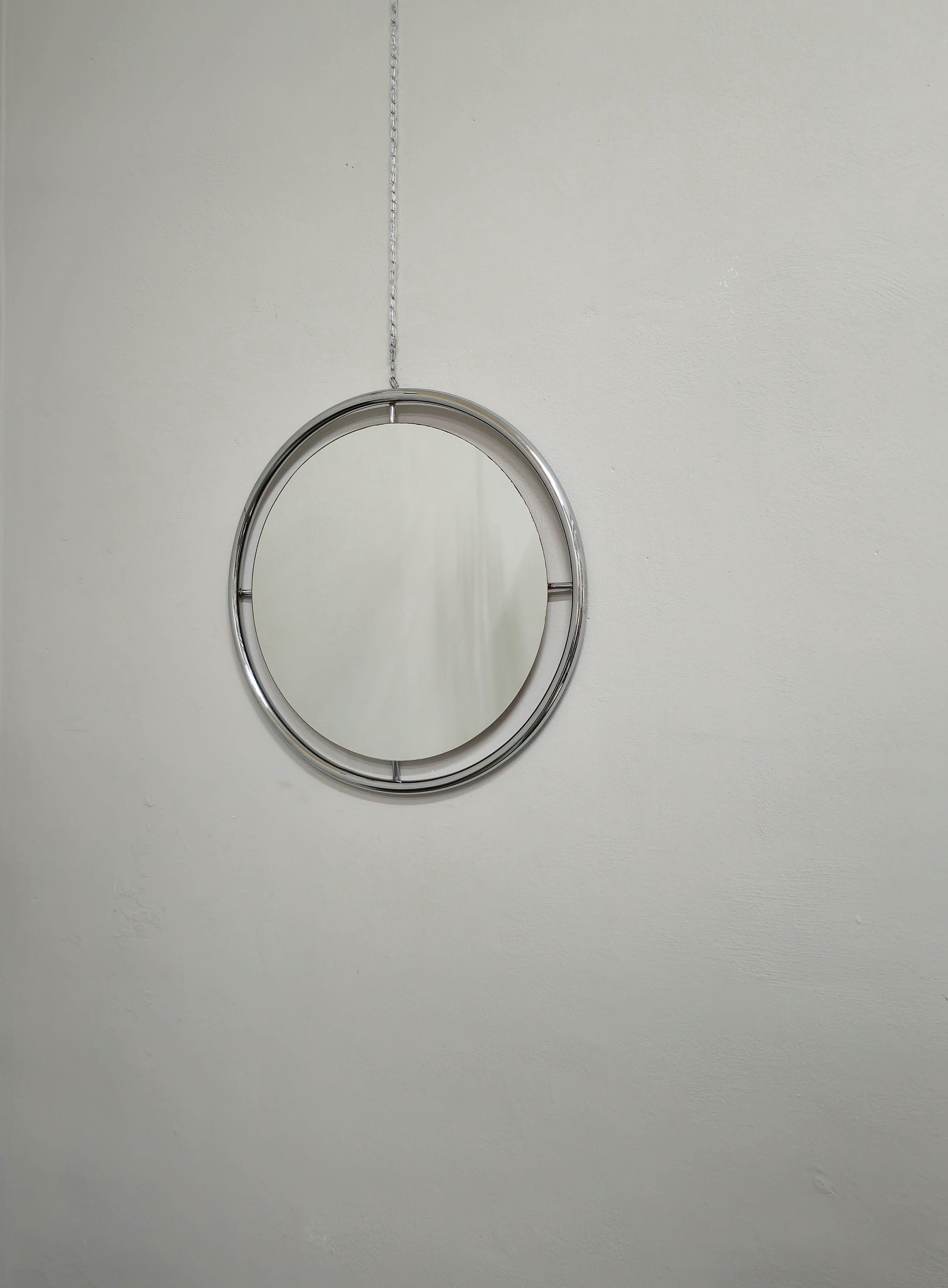 Mid-Century Modern Wall Mirror Chromed Metal Circular Midcentury Modern Italian Design 1970s For Sale