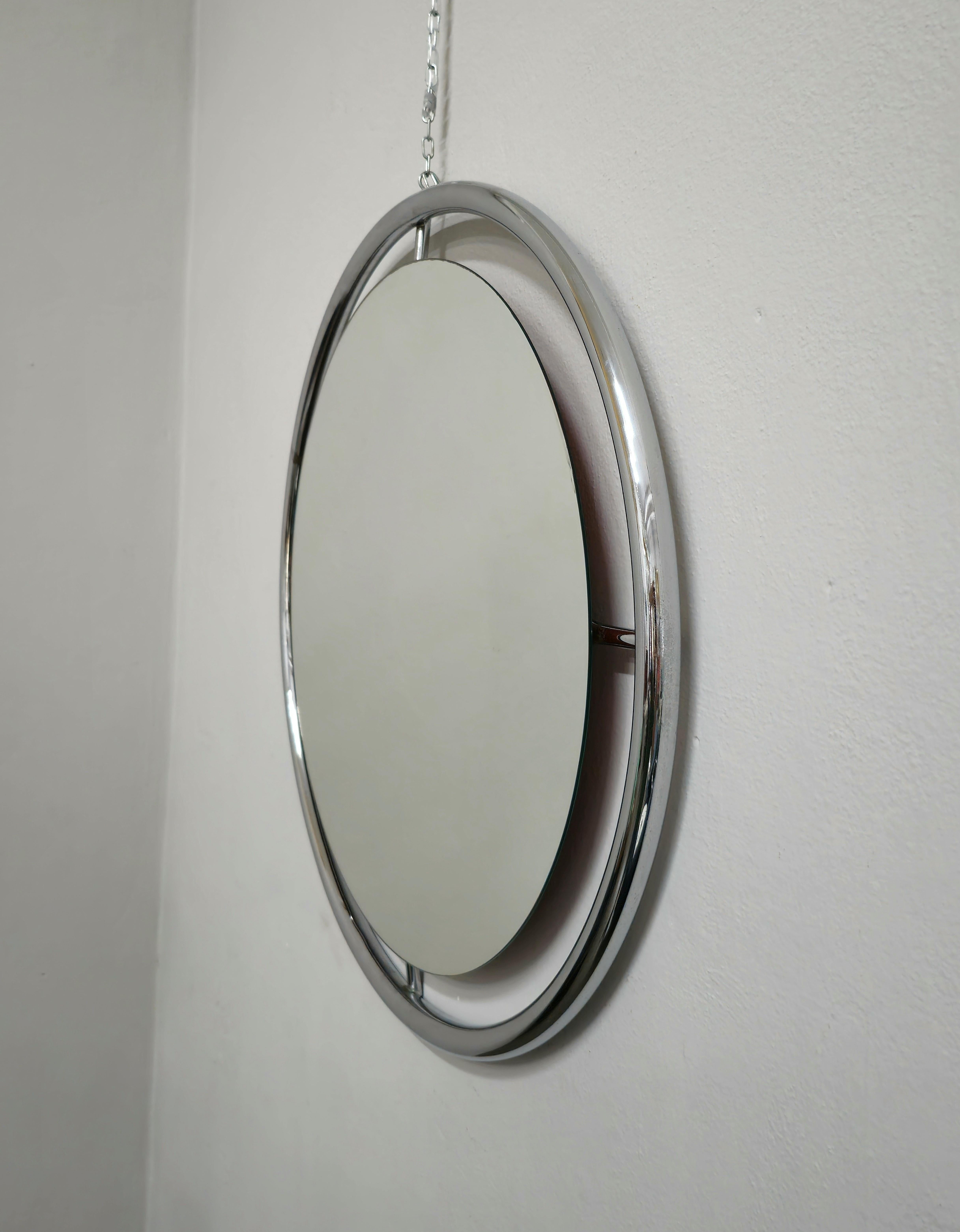 20th Century Wall Mirror Chromed Metal Circular Midcentury Modern Italian Design 1970s For Sale