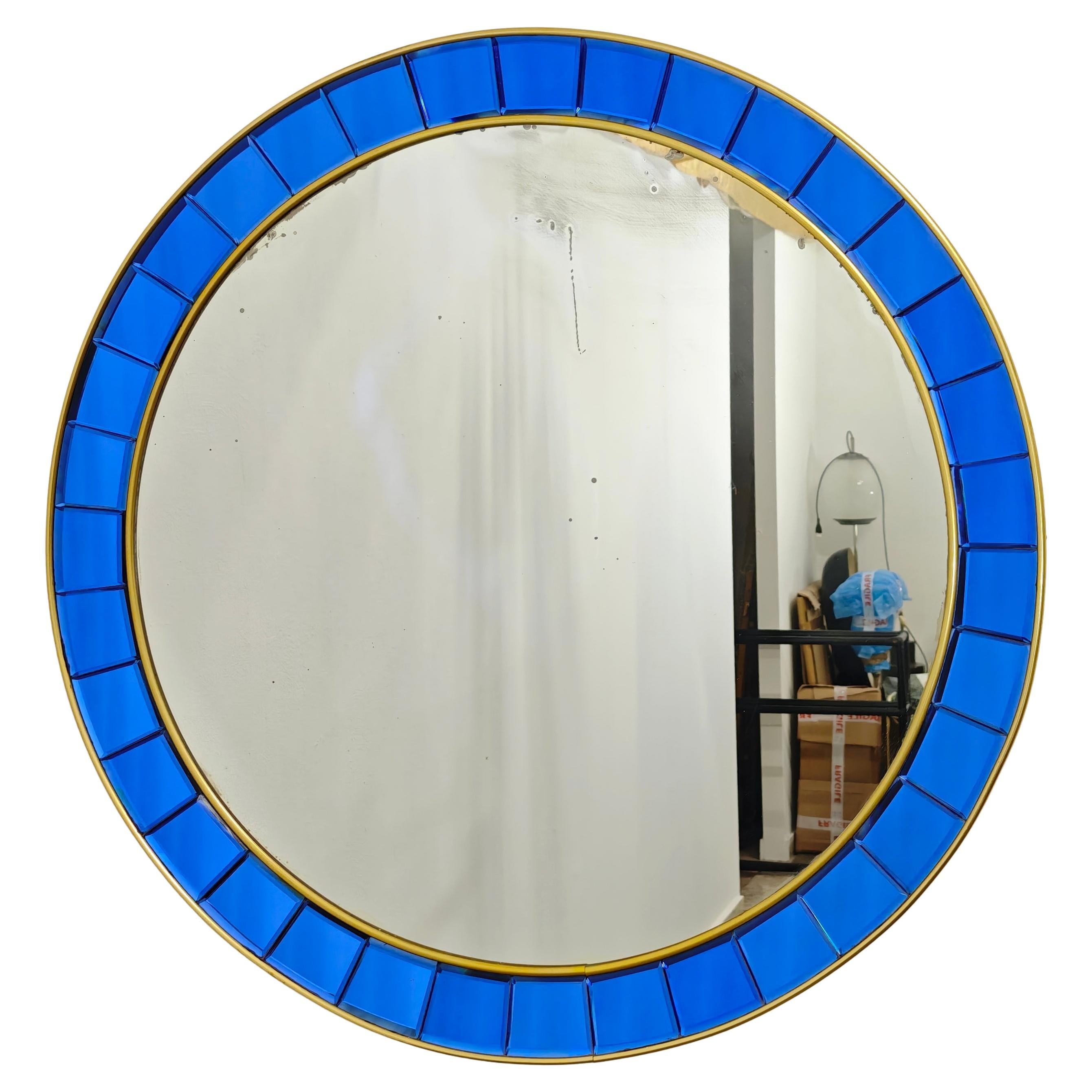 Wall Mirror Cristal Art Model 2679 Blue Crystal Brass Italian Design 1950s