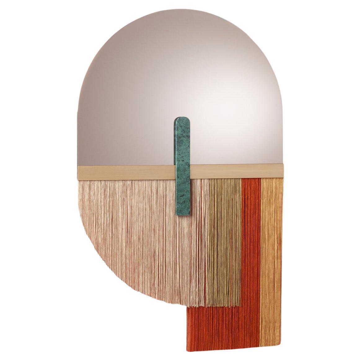 DOOQ Mid-Century Modern Souk Red Wall Mirror in Natural Walnut&Green Marble&Silk For Sale