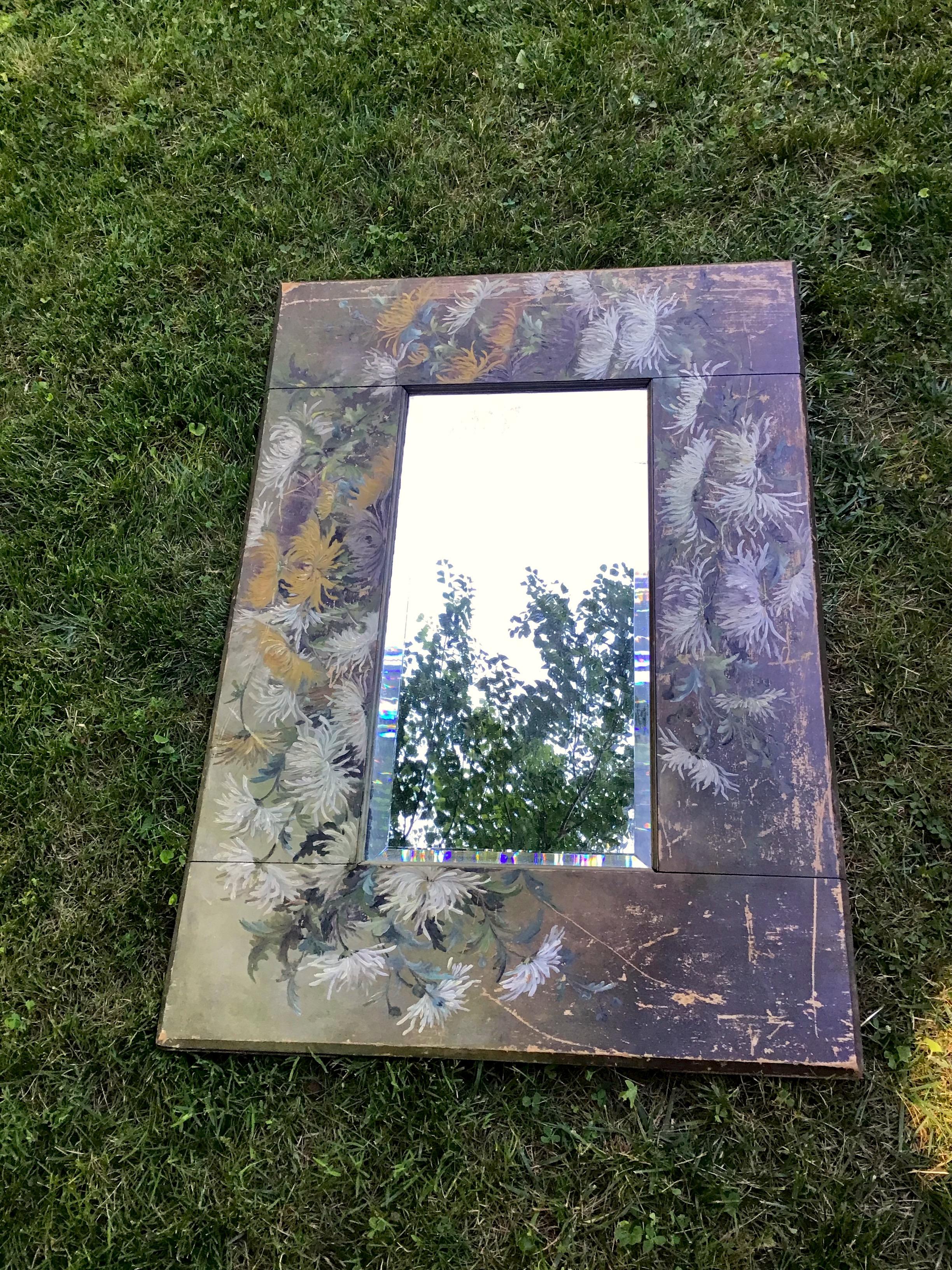 Folk Art Antique Mirror Hand Painted Floral Cottage Chic Wall Mirror Rustic Barnboard