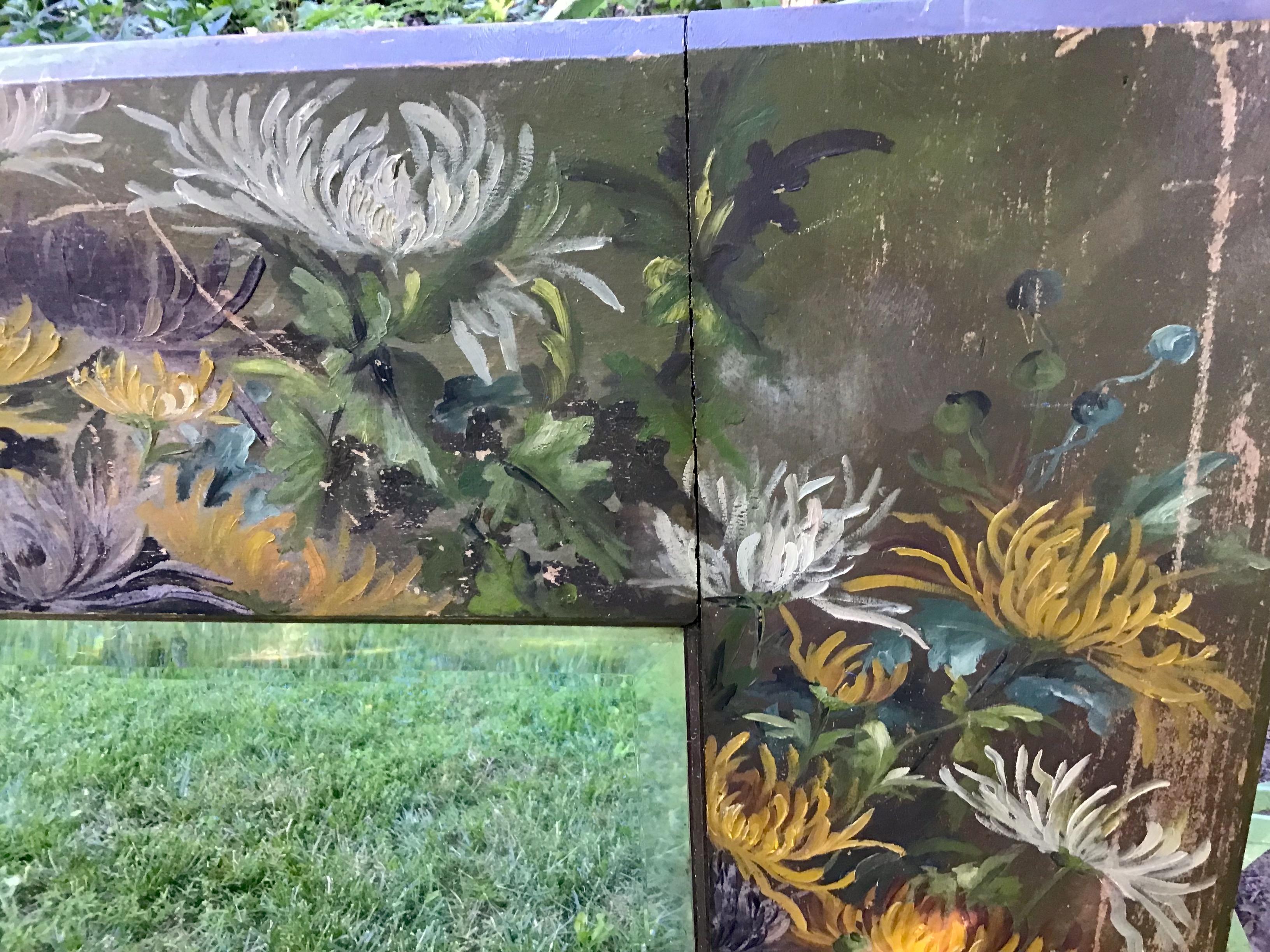 Antique Mirror Hand Painted Floral Cottage Chic Wall Mirror Rustic Barnboard In Good Condition In East Hampton, NY