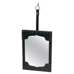 Wall Mirror in Black Leather, Jacques Adnet Style, 1950, France