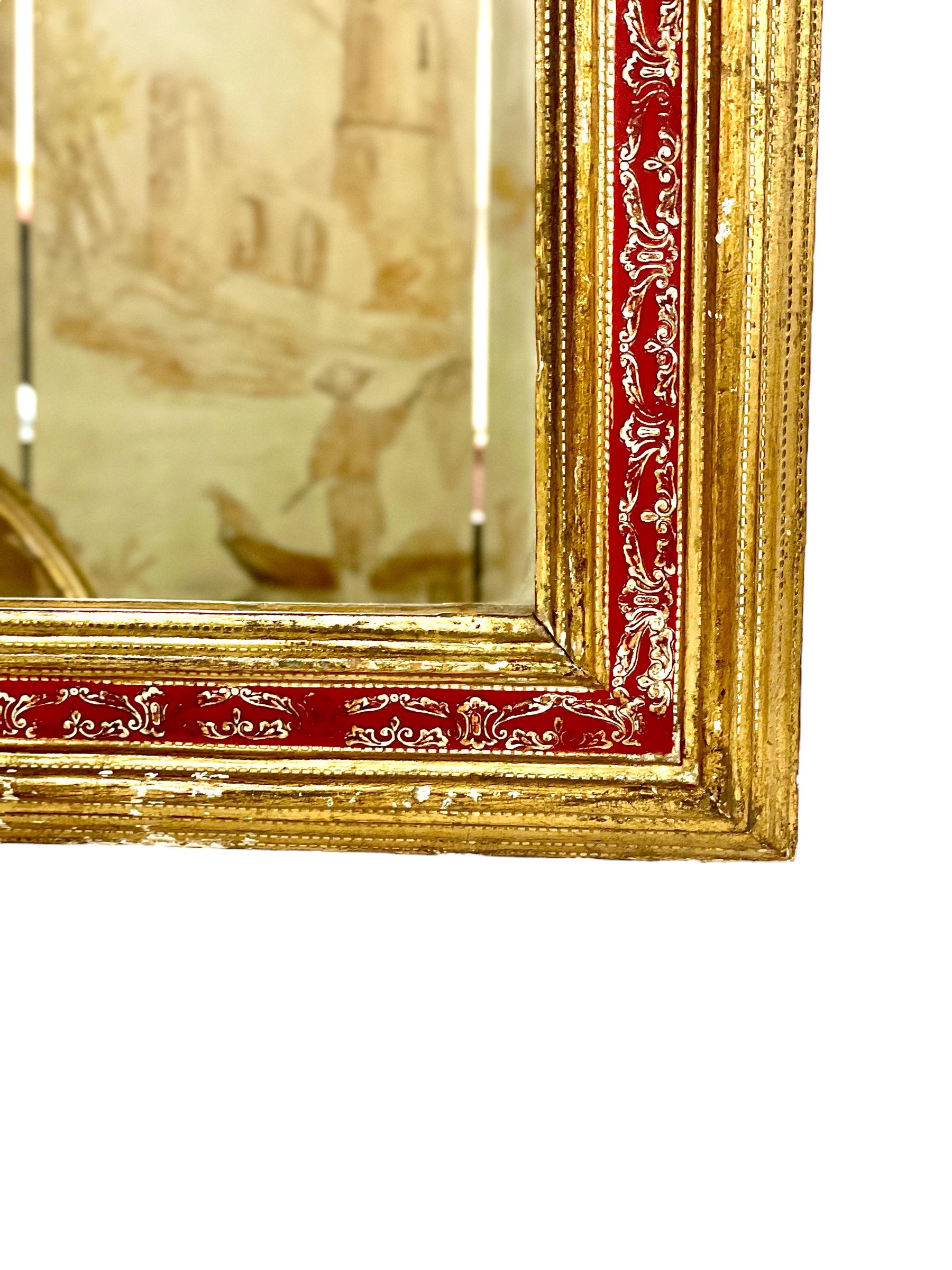 1900s French Giltwood and Red Lacquered Wall Mirror In Good Condition For Sale In LA CIOTAT, FR