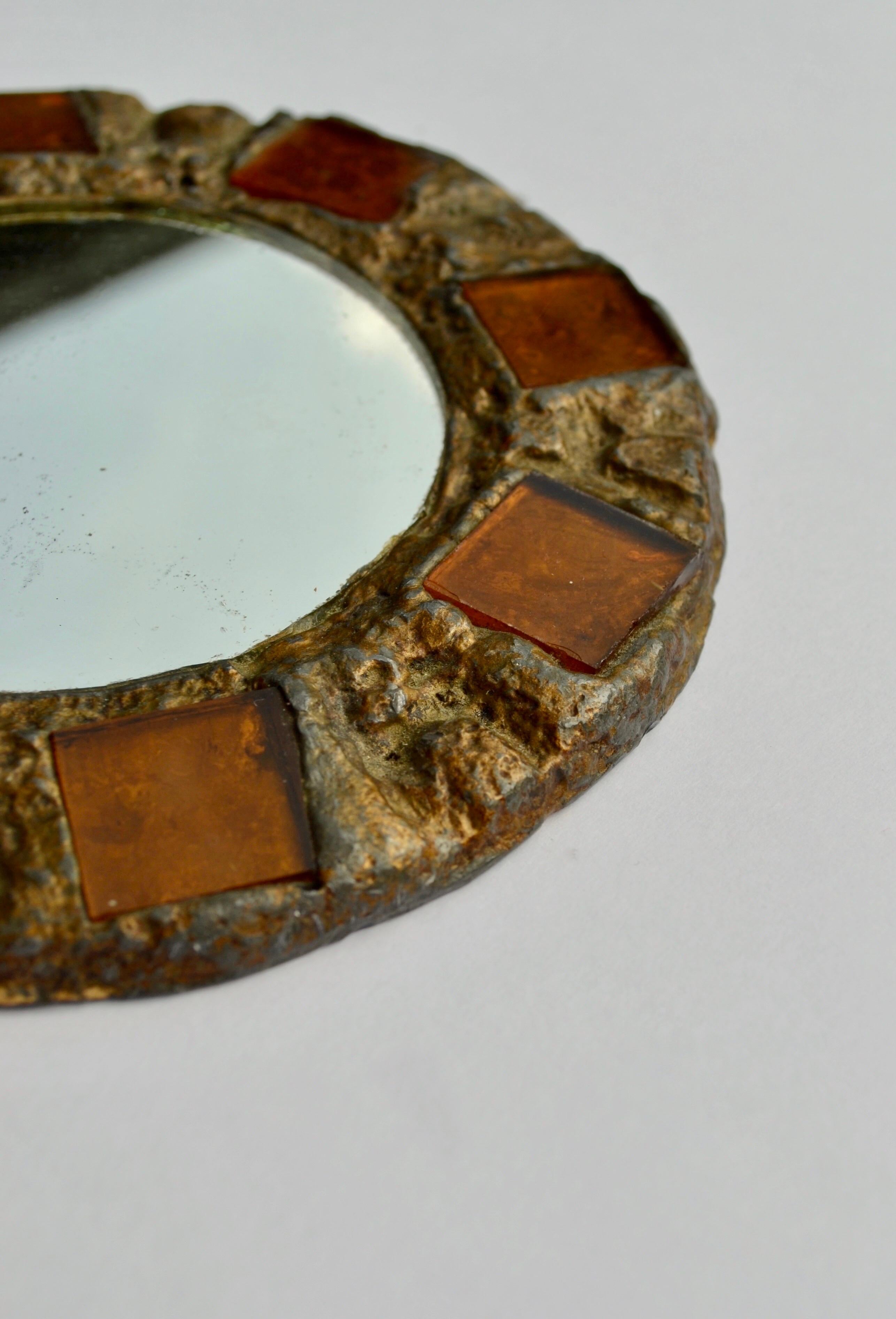 Wall mirror in metal with orange talosel inlays by Irena Jaworska - France 1970 For Sale 1
