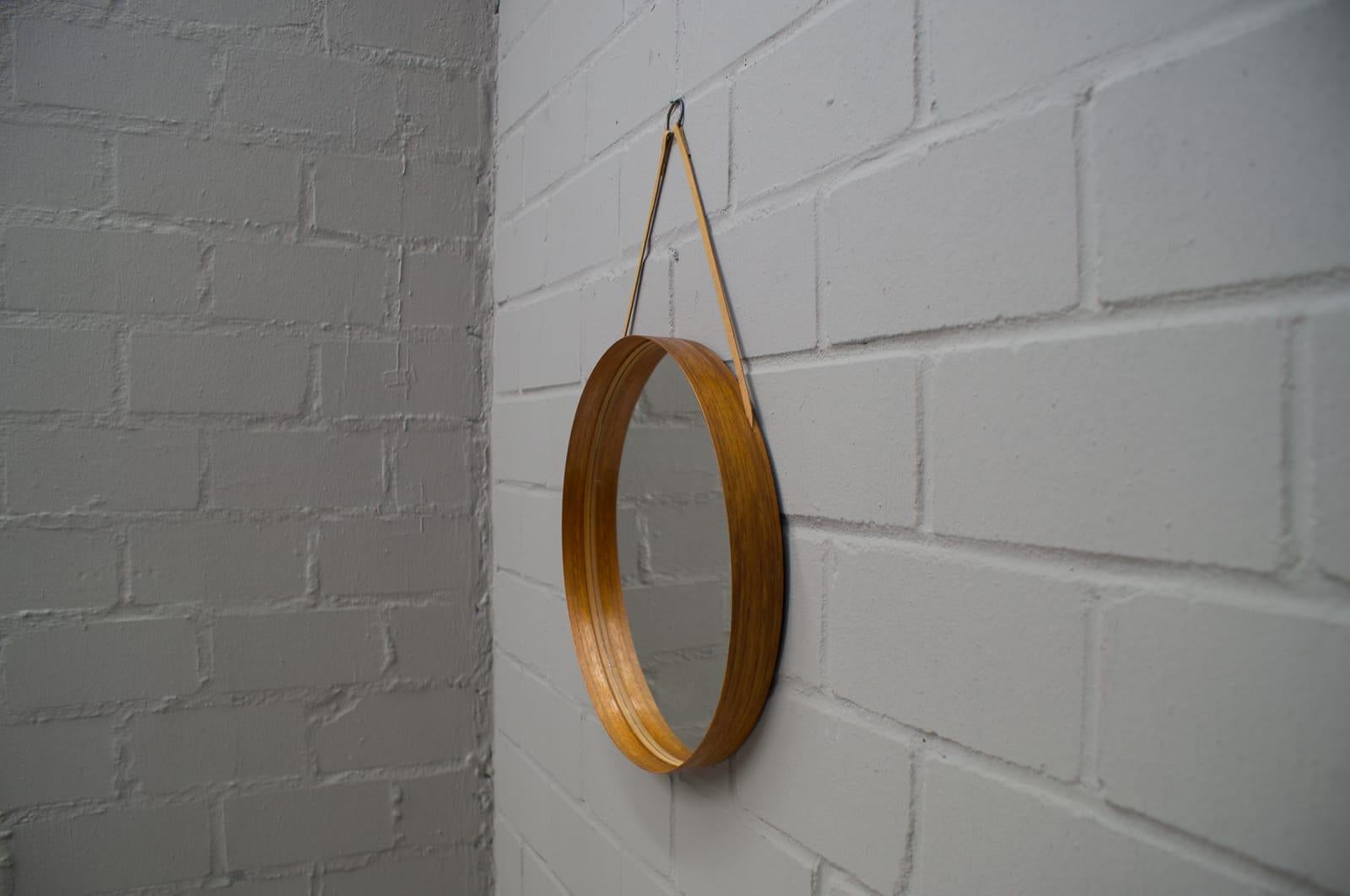 Brass Wall Mirror in Teak Produced by Glass Mäster in Markaryd, Sweden 1960s For Sale