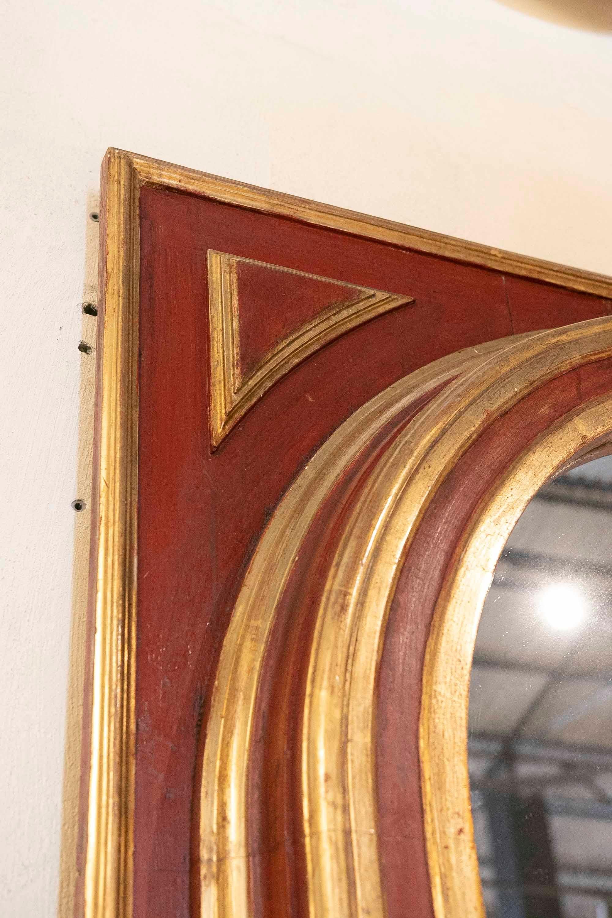 Wood Wall Mirror in the Shape of a Semicircular Arch in Reddish and Gold