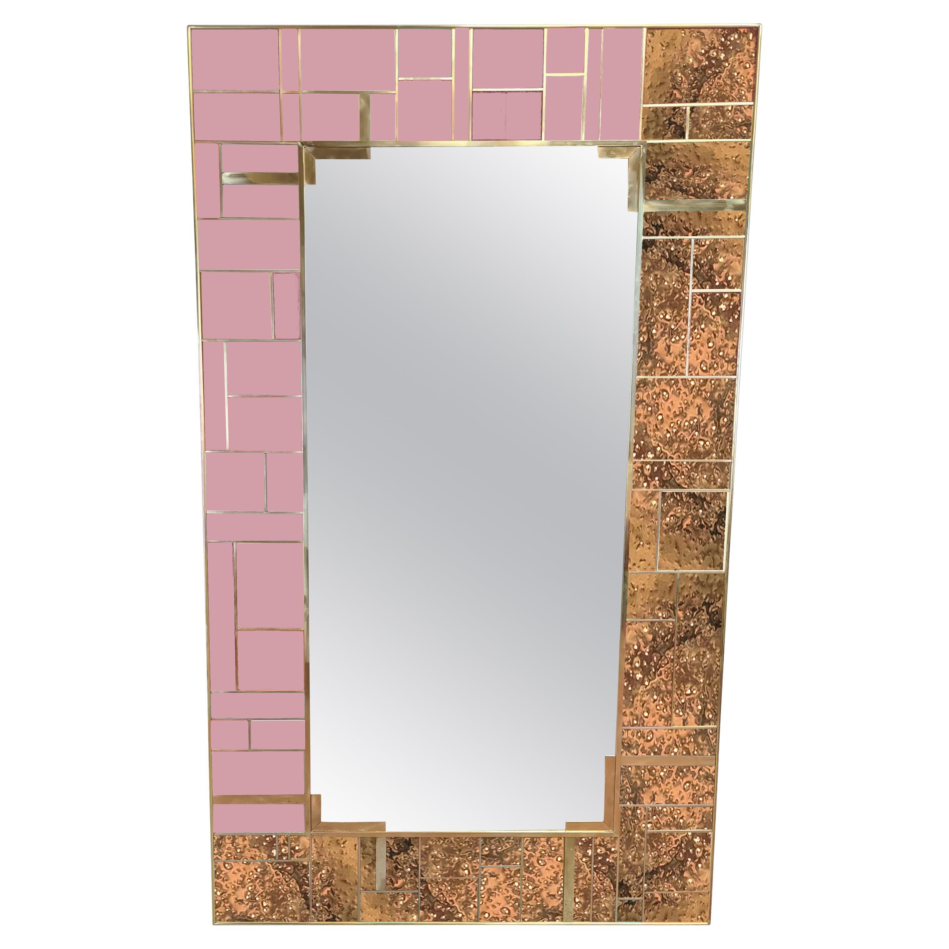 Wall Mirror Made of L-shaped Punched Brass and Pink Murano Glass, Made in Italy