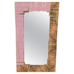 Wall Mirror Made of L-shaped Punched Brass and Pink Murano Glass, Made in Italy
