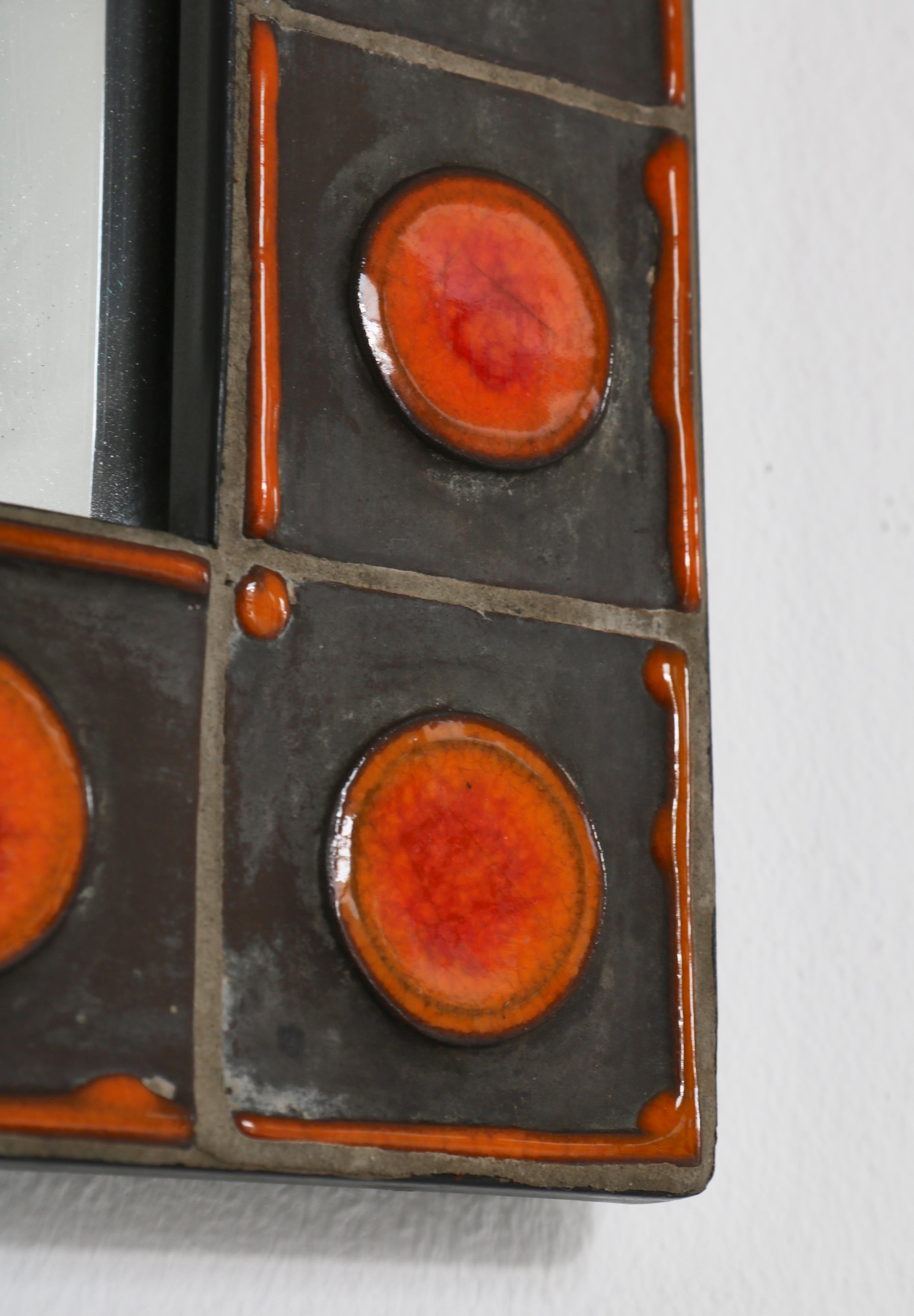 Danish Wall Mirror Orange Ceramic Tiles by Dietlinde Hein for Knabstrup, Denmark, 1960s For Sale