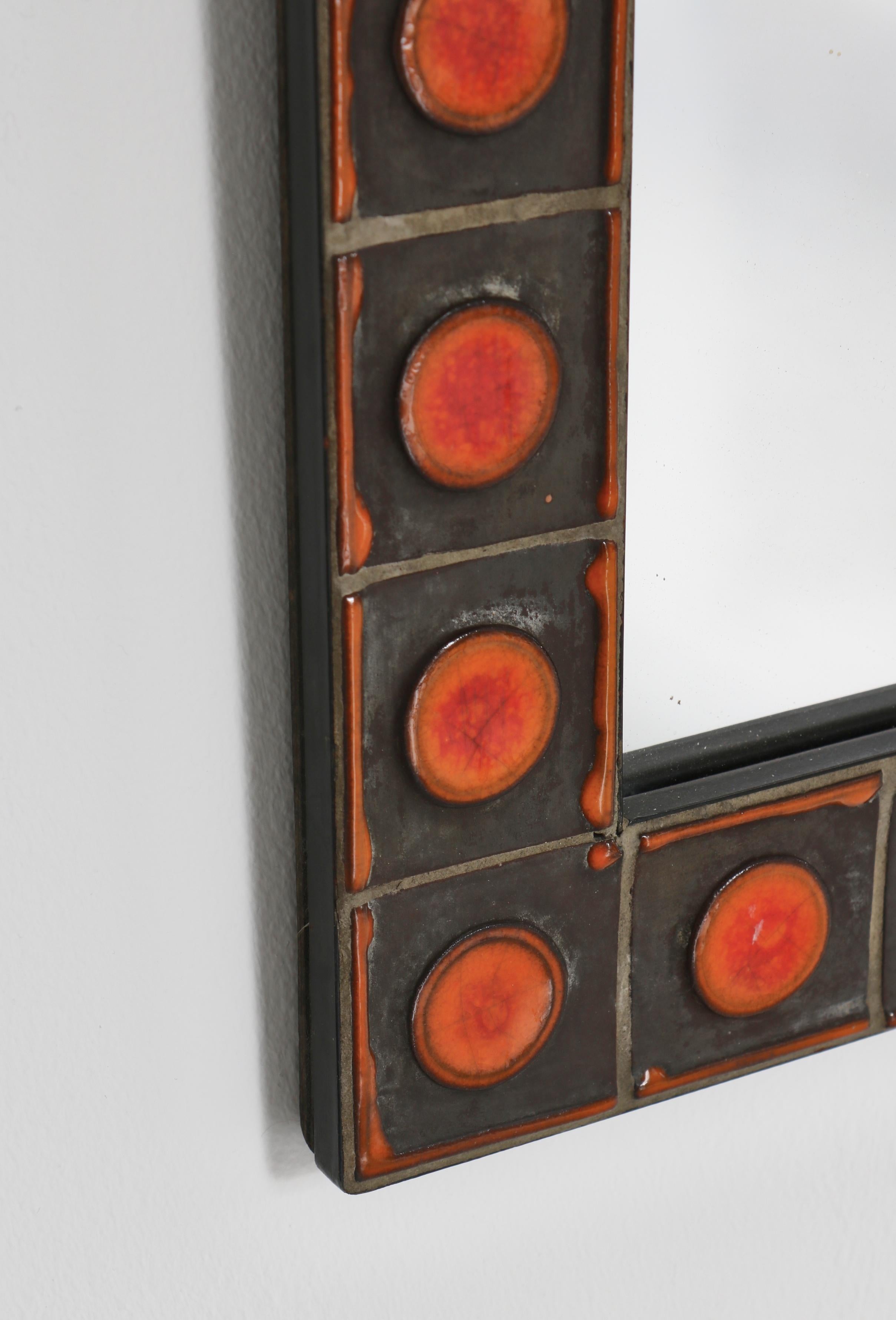 Wall Mirror Orange Ceramic Tiles by Dietlinde Hein for Knabstrup, Denmark, 1960s In Good Condition For Sale In Odense, DK