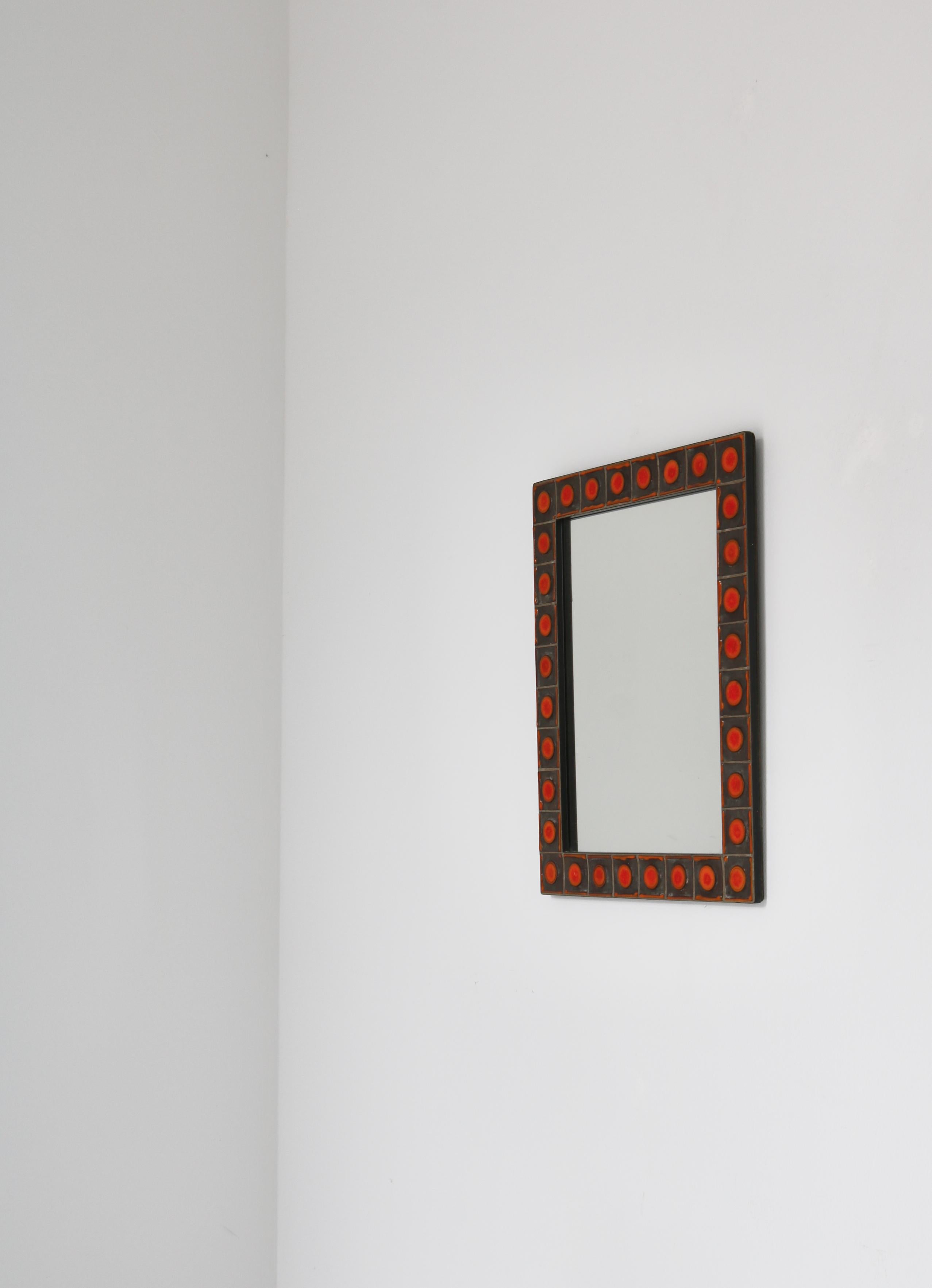 Wall Mirror Orange Ceramic Tiles by Dietlinde Hein for Knabstrup, Denmark, 1960s For Sale 1
