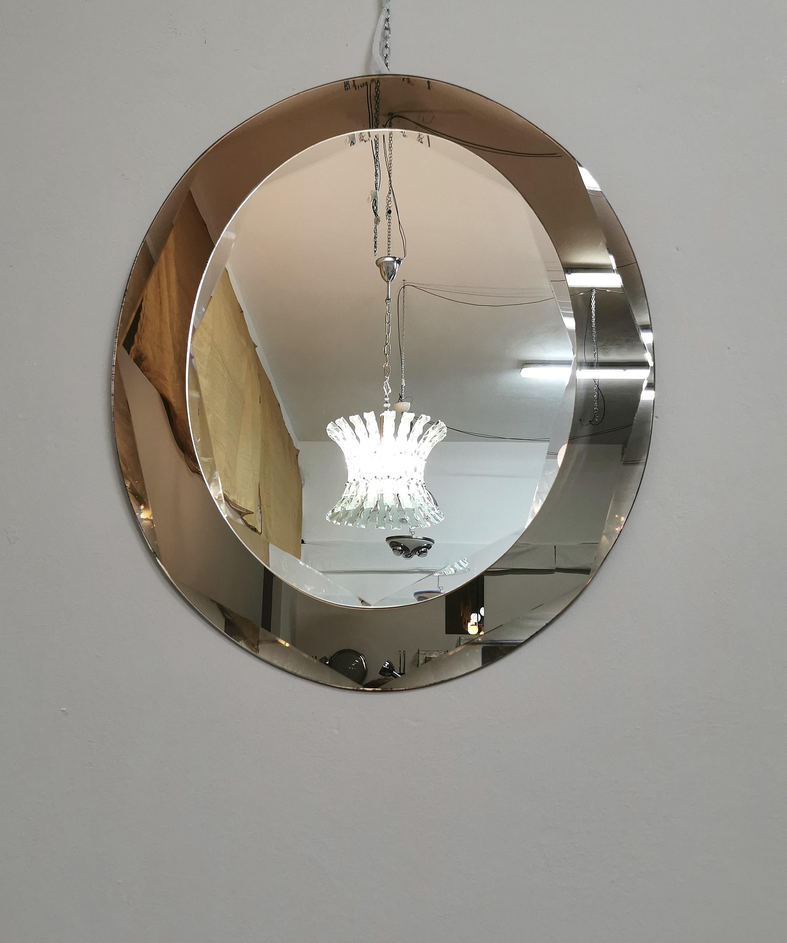 Mid-Century Modern Wall Mirror Oval Mirrored Smoked Glass Rounded Corners Midcentury Italy 1970s For Sale