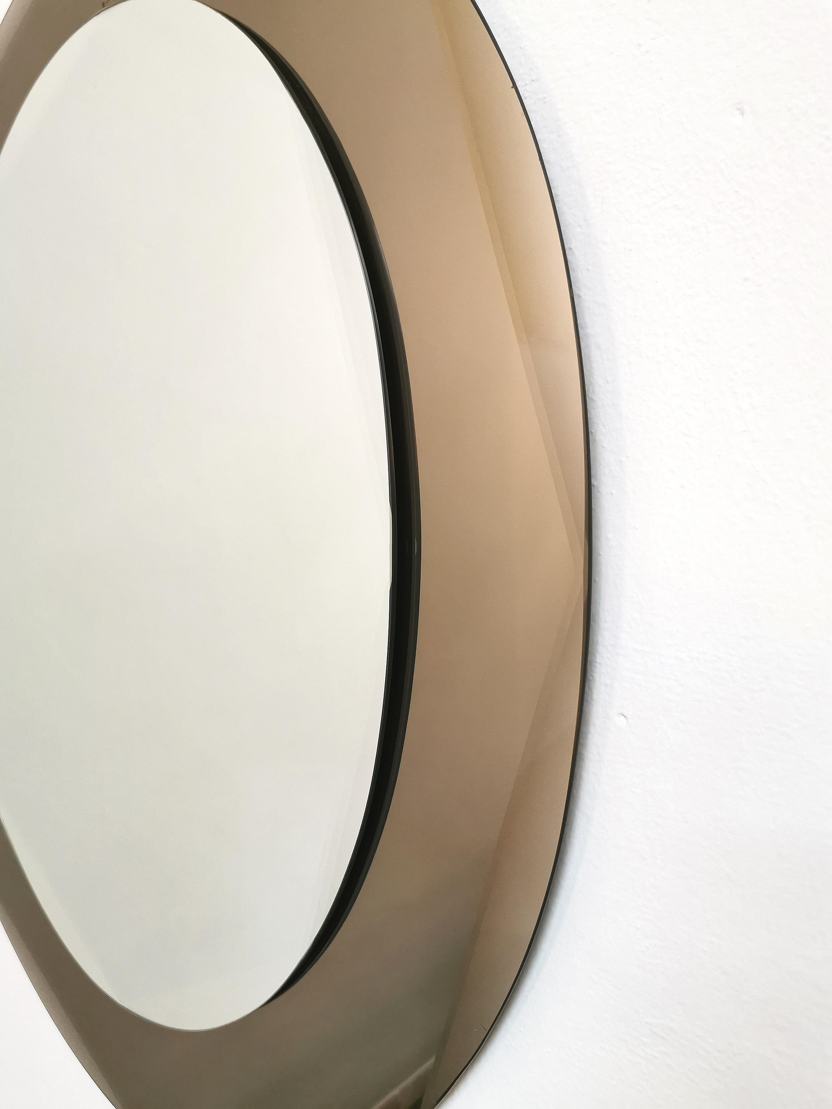 Beveled Wall Mirror Oval Mirrored Smoked Glass Rounded Corners Midcentury Italy 1970s For Sale