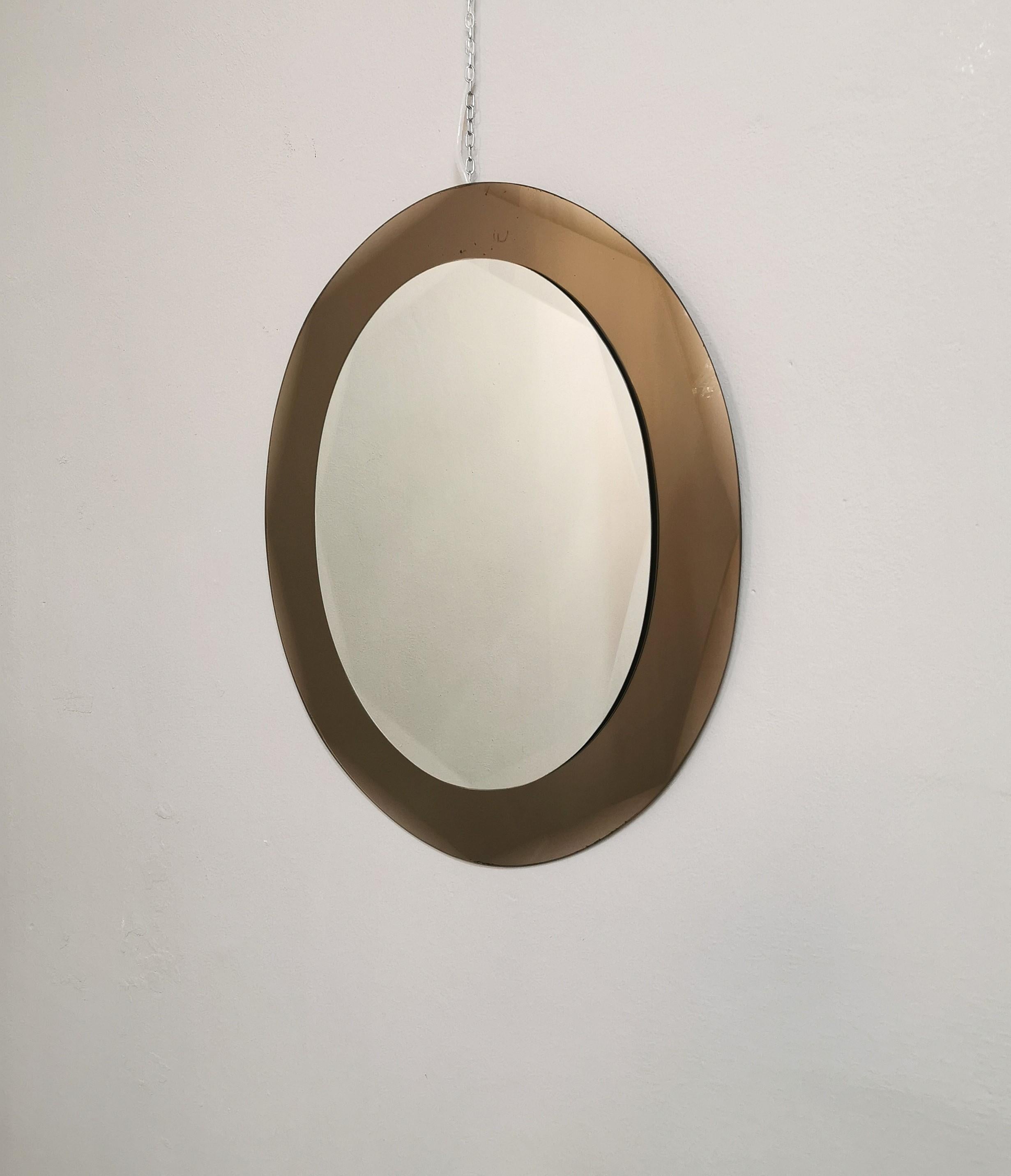 Wall Mirror Oval Mirrored Smoked Glass Rounded Corners Midcentury Italy 1970s In Good Condition For Sale In Palermo, IT