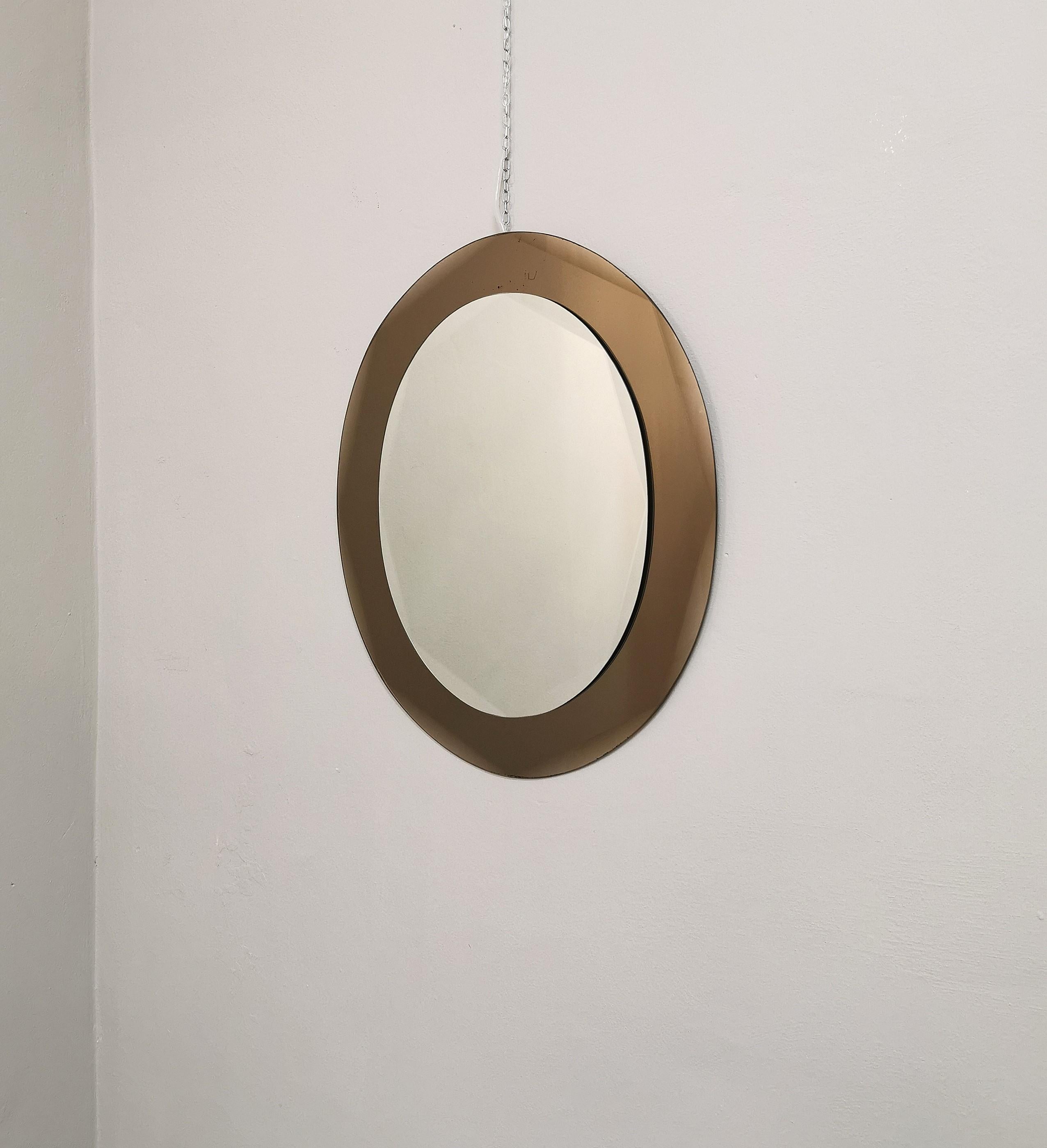 Late 20th Century Wall Mirror Oval Mirrored Smoked Glass Rounded Corners Midcentury Italy 1970s For Sale
