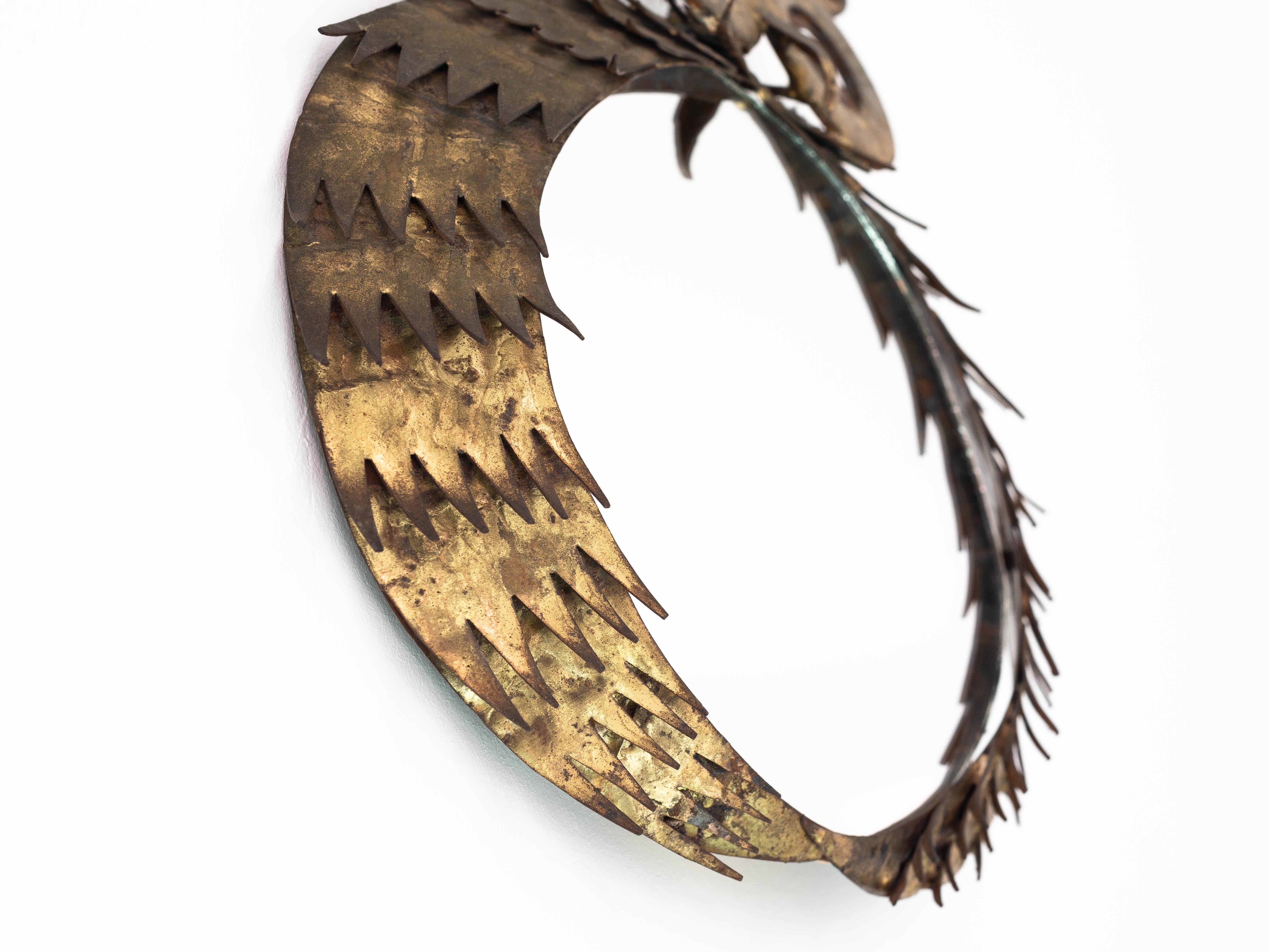 Espejo de pared, Búho en metal patinado dorado, Francia Moderno de mediados de siglo Francés en venta
