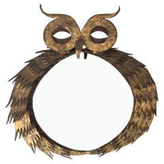 Wall Mirror, Owl in Gilded Patinated Metal, France Mid-Century Modern