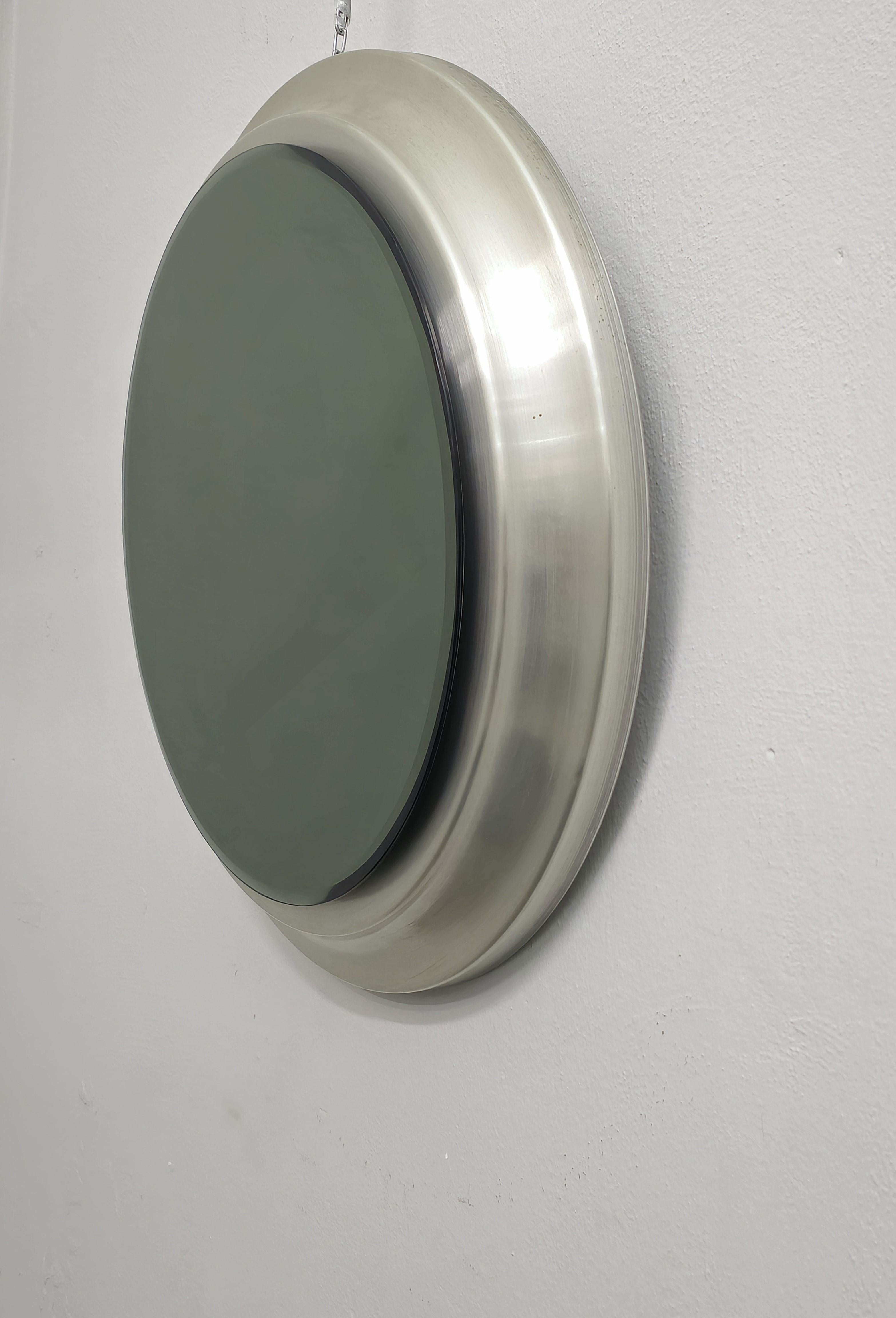 20th Century Wall Mirror Smoked Glass Brushed Aluminum Midcentury Italian Design 1970s For Sale