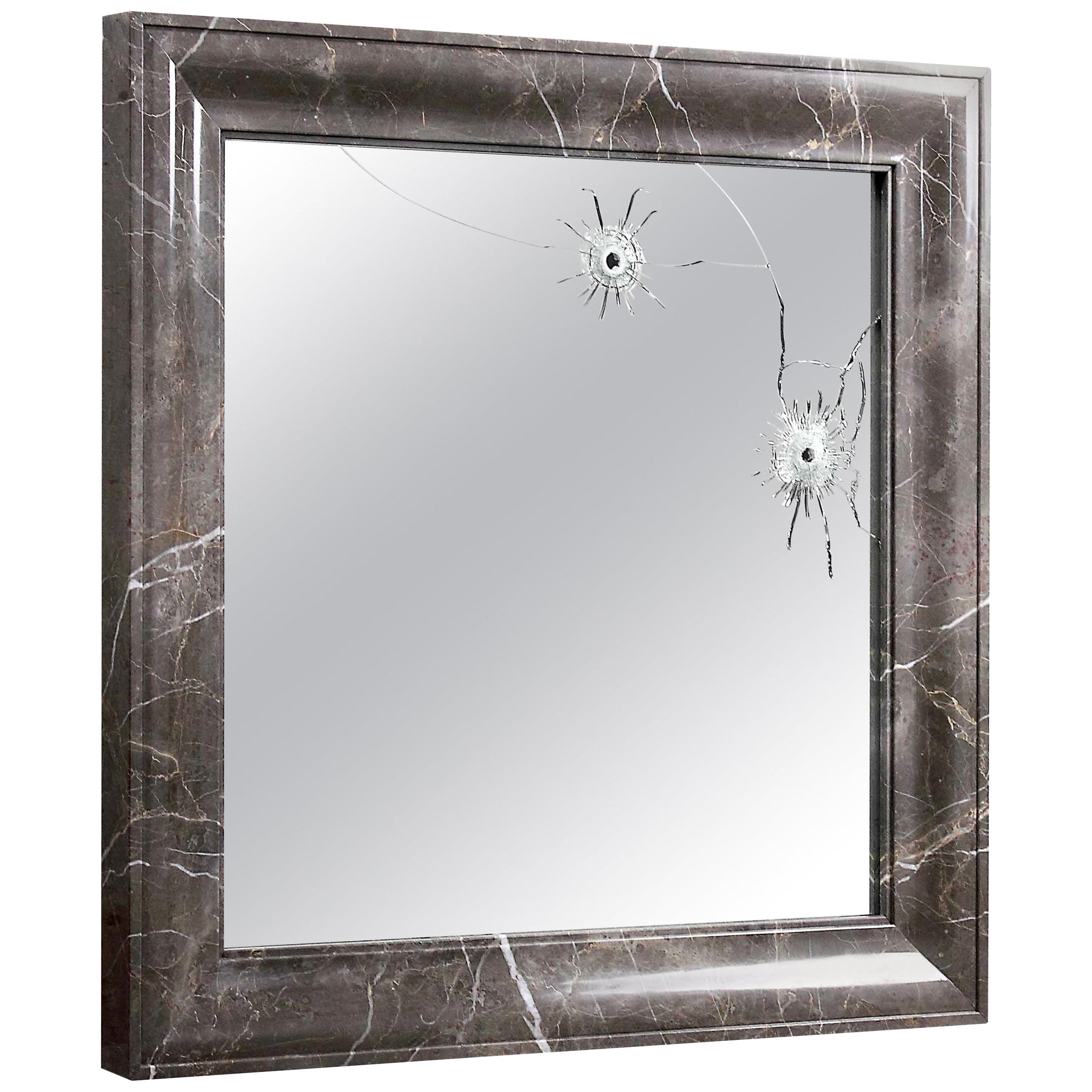 Wall or Console Mirror Square Frame in Grey Marble Collectible Design Handmade For Sale