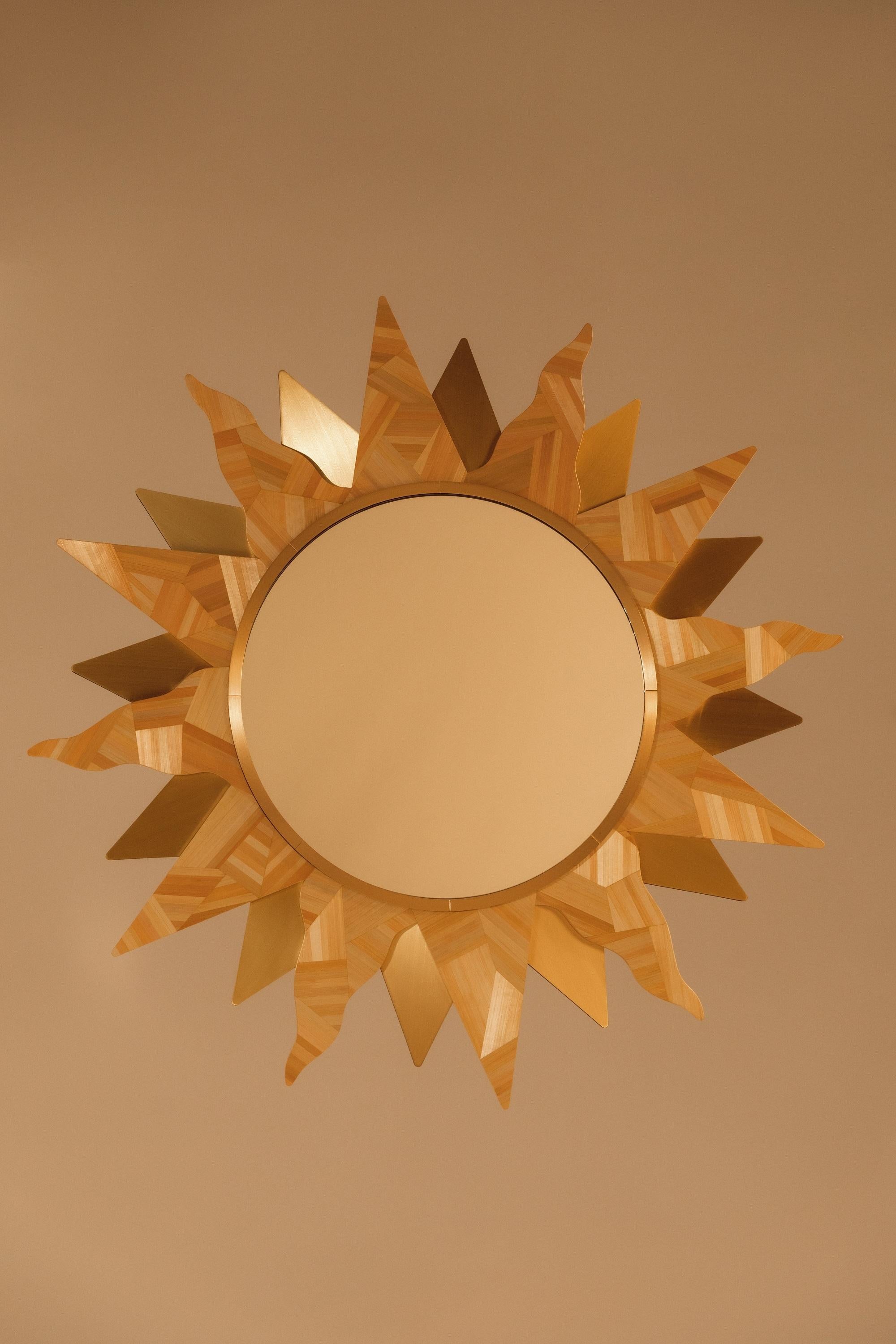 Folk Art Wall Mirror Sun Straw Marquetry Inlay Collectible Naive Folk Brass Handcrafted For Sale