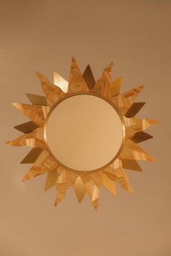 Handcrafted Wall Mirror Sun Straw Marquetry Brass Beige Inlay Collectible Naive
