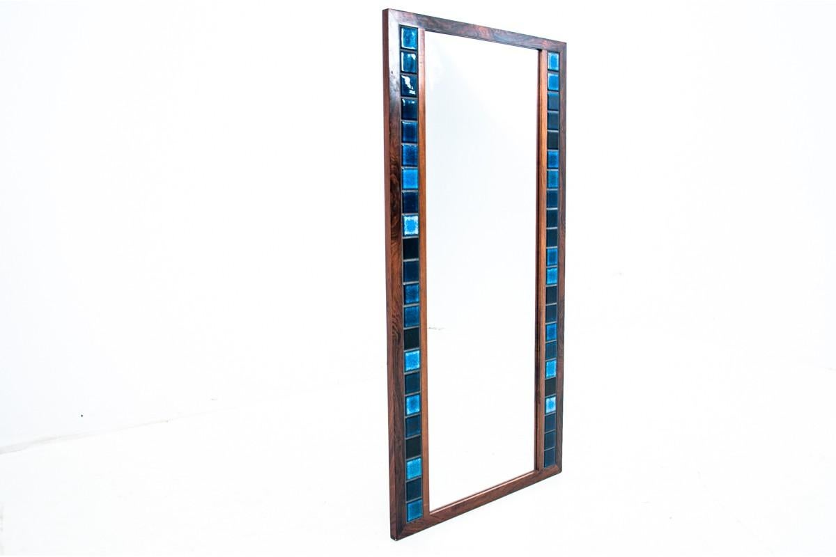 Scandinavian Modern Wall Mirror with blue tiles, Danish Design, 1970s