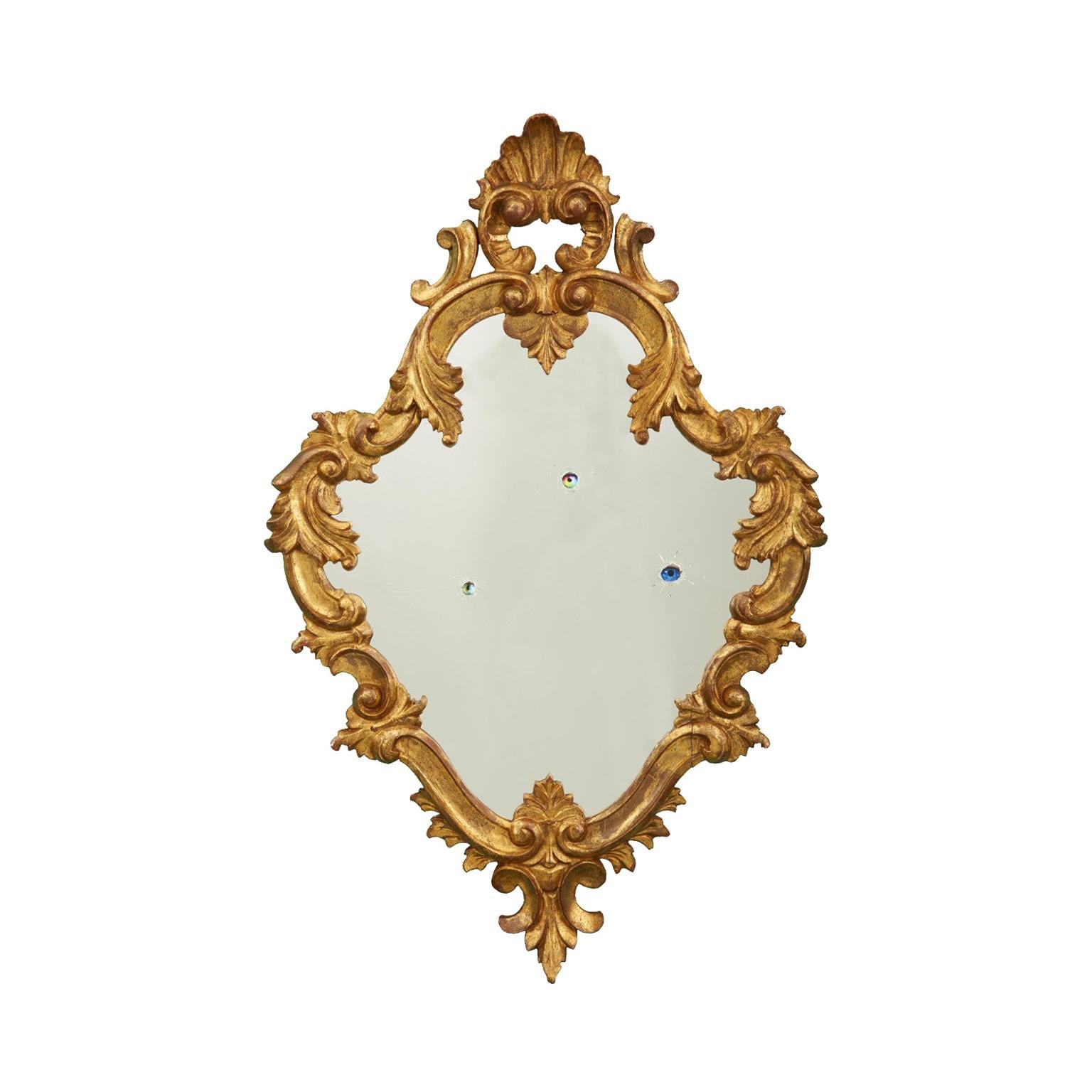 Wall Mirror with Bullet Holes Hiding Colored Eyes in an Antique Gilded Frame For Sale