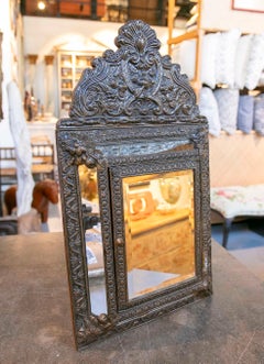 Wall Mirror with Crest and Compartment with Mirror and Brushes, Embossed Metal