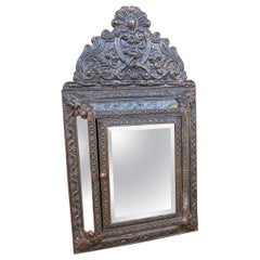 Wall Mirror with Crest and Compartment with Mirror and Brushes, Embossed Metal