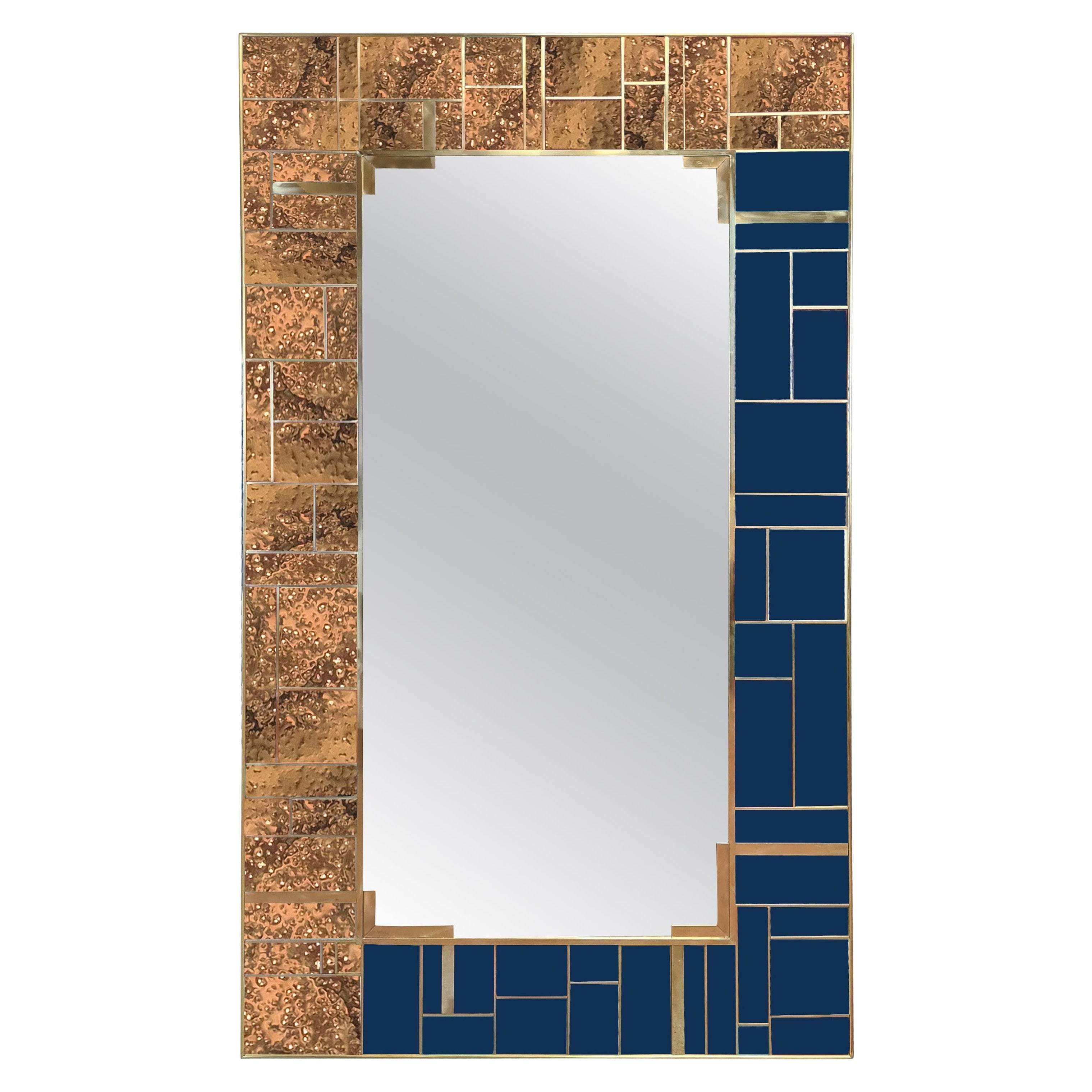 Wall Mirror with Dotted Brass and Blue Murano Glass, Italian Justfurnituress