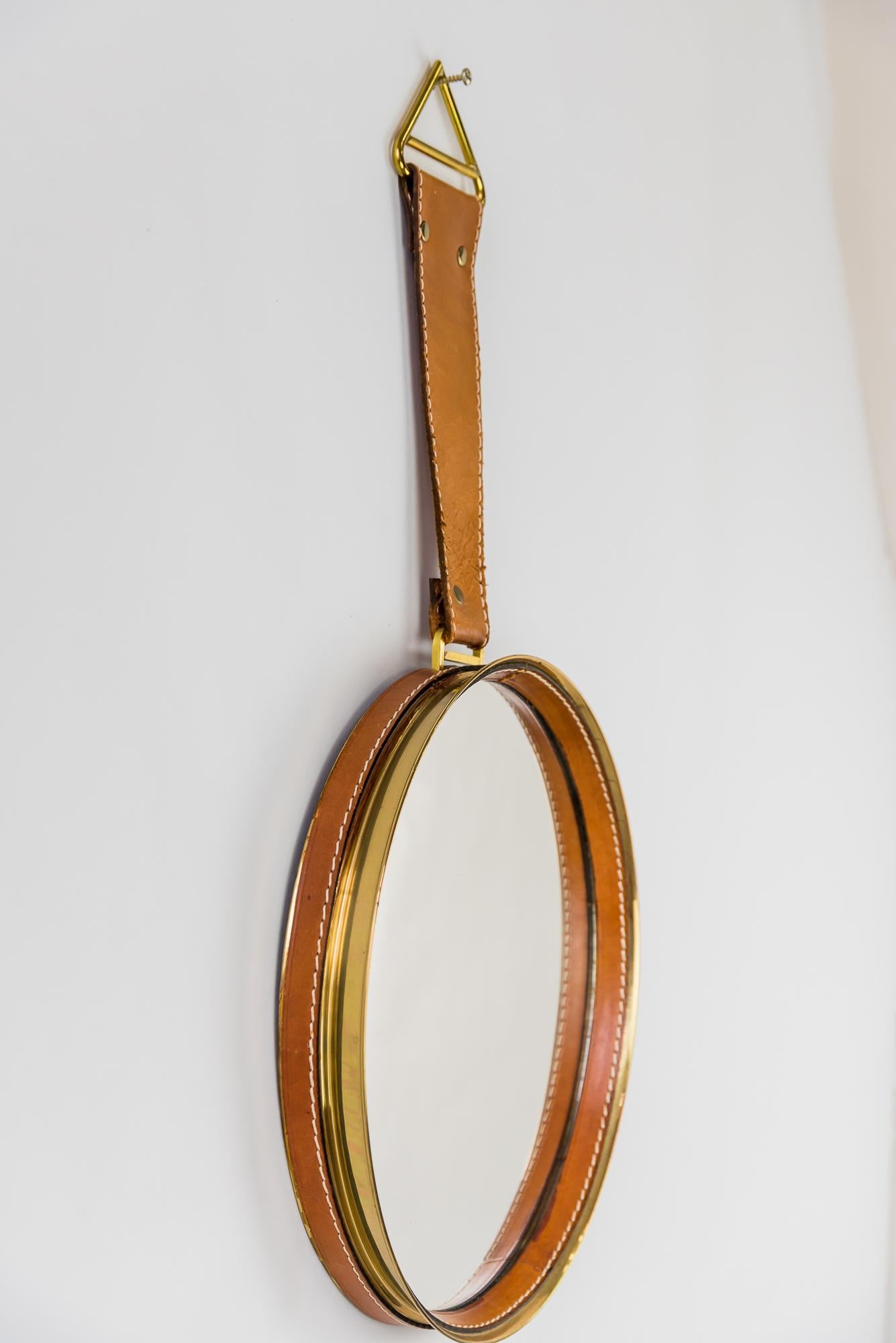 Austrian Wall Mirror with Leather, circa 1950s For Sale