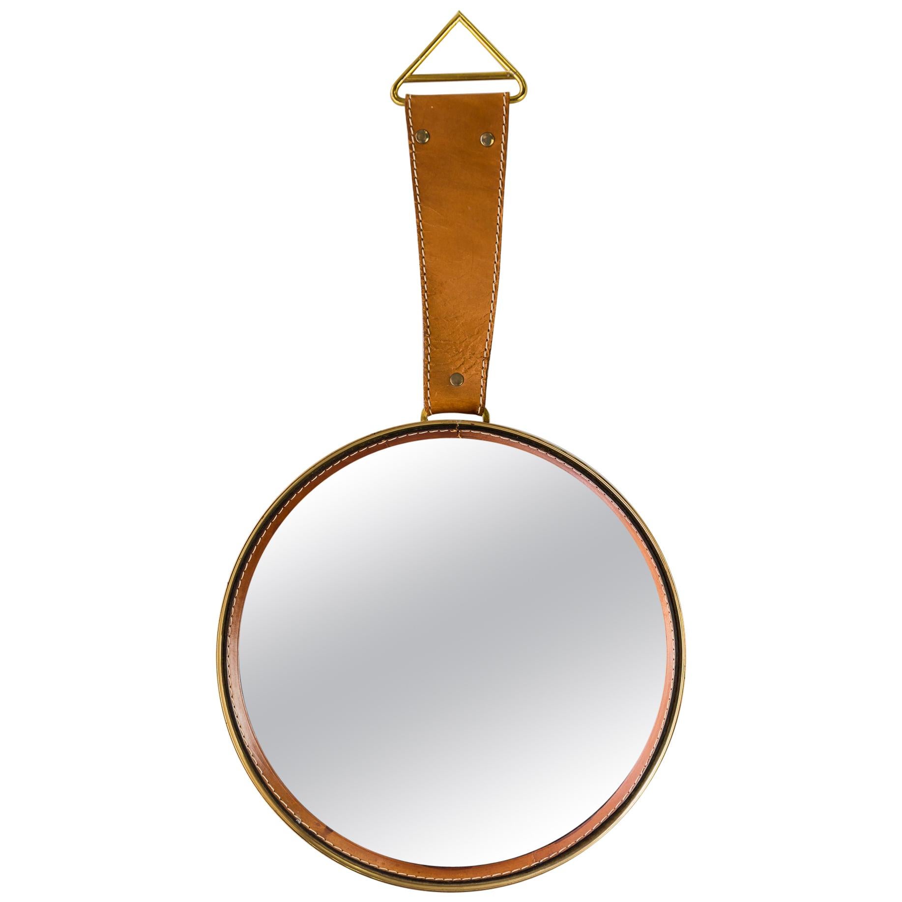 Wall Mirror with Leather, circa 1950s For Sale