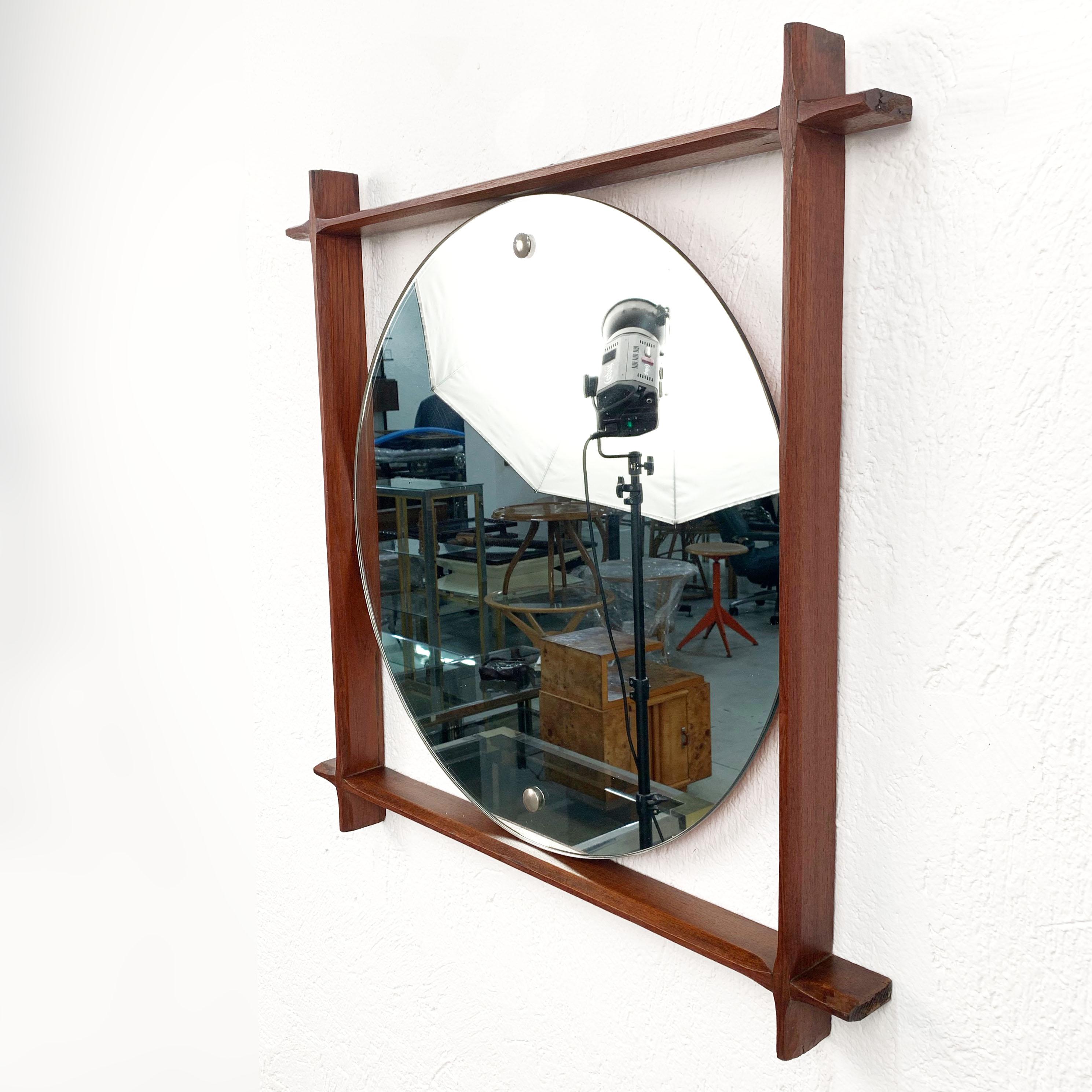 Italian Wall Mirror with Square Teak Frame, Midcentury Italia 1960s Scandinavian Style