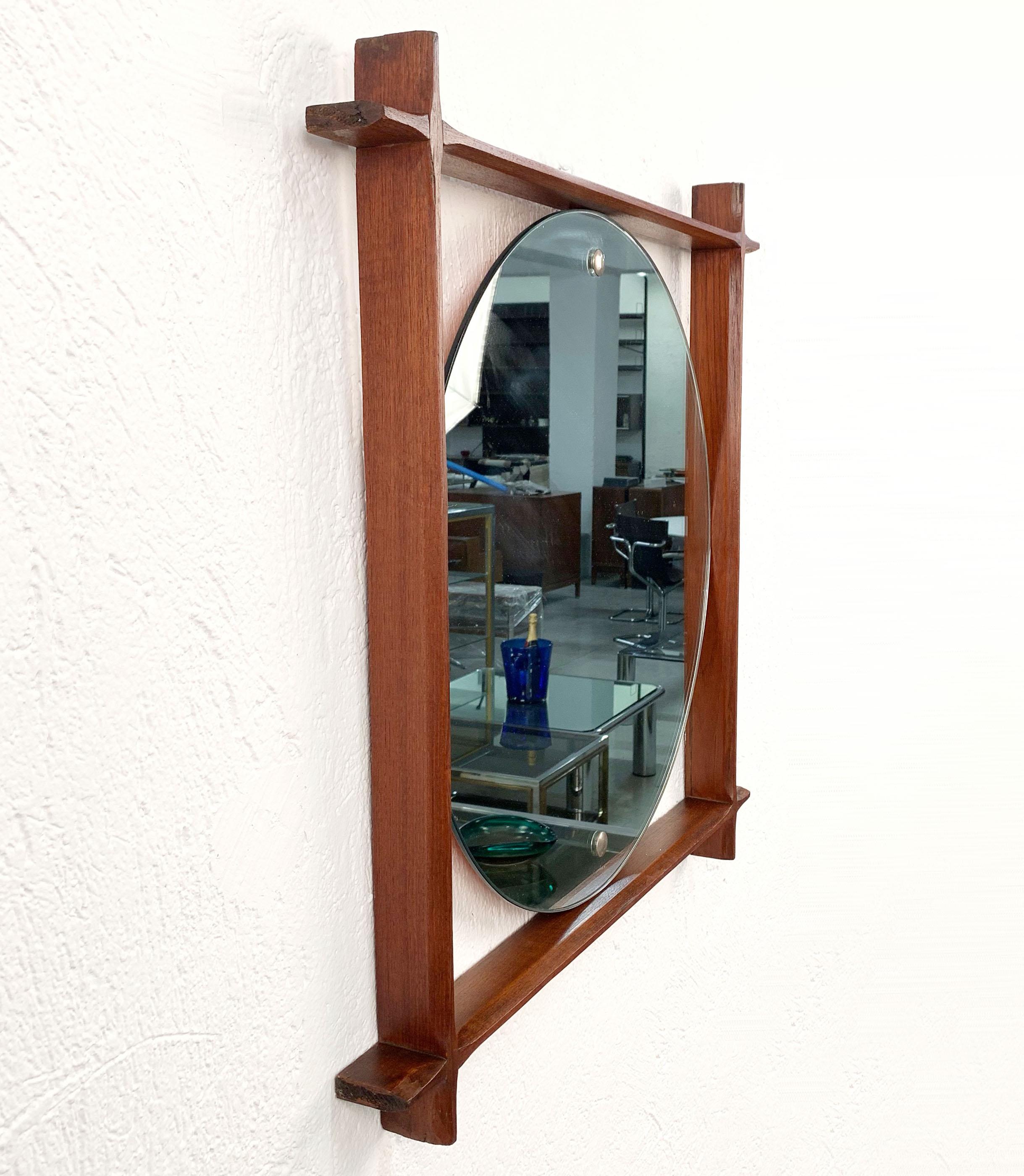 Wall Mirror with Square Teak Frame, Midcentury Italia 1960s Scandinavian Style In Fair Condition In Roma, IT