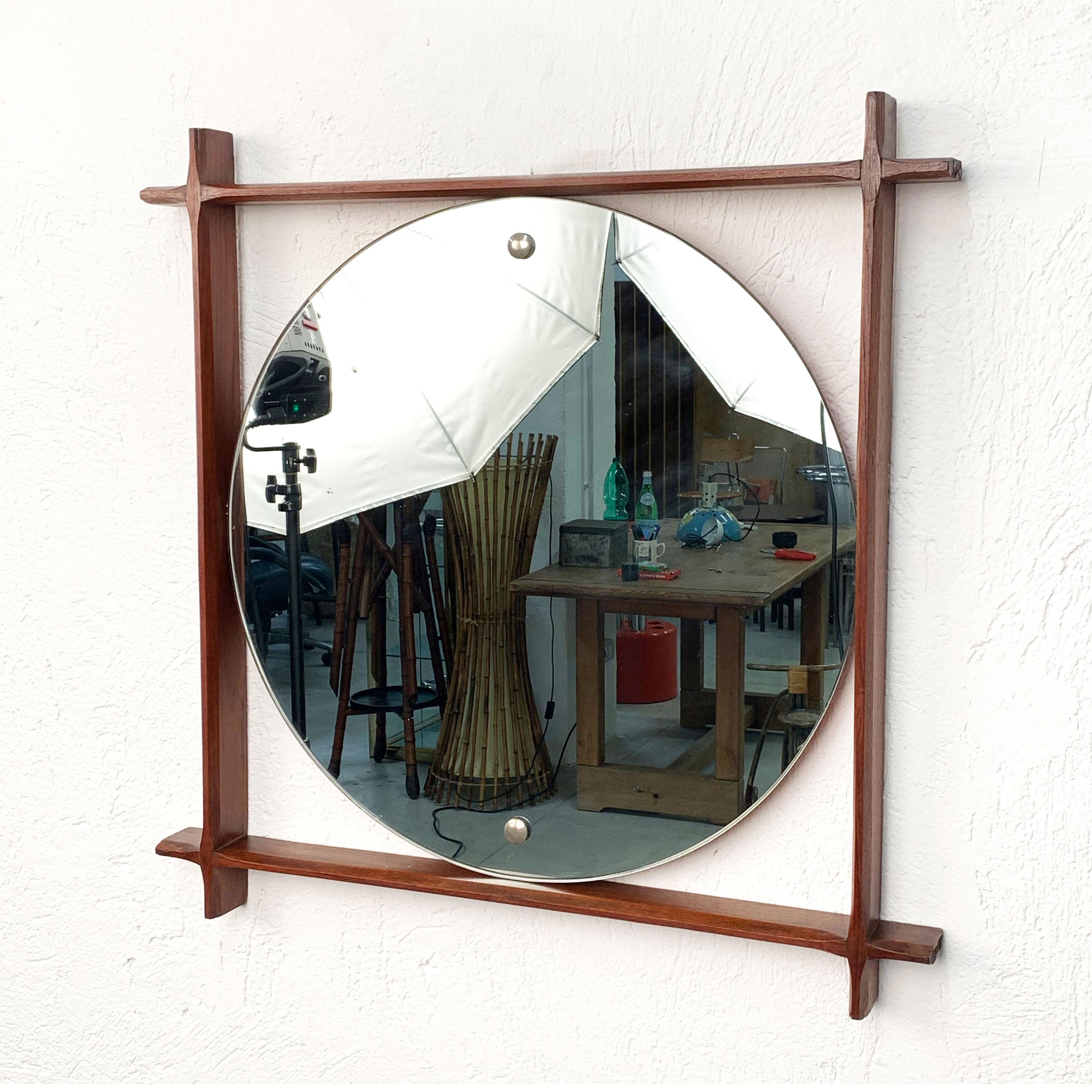 Wall Mirror with Square Teak Frame, Midcentury Italia 1960s Scandinavian Style 2