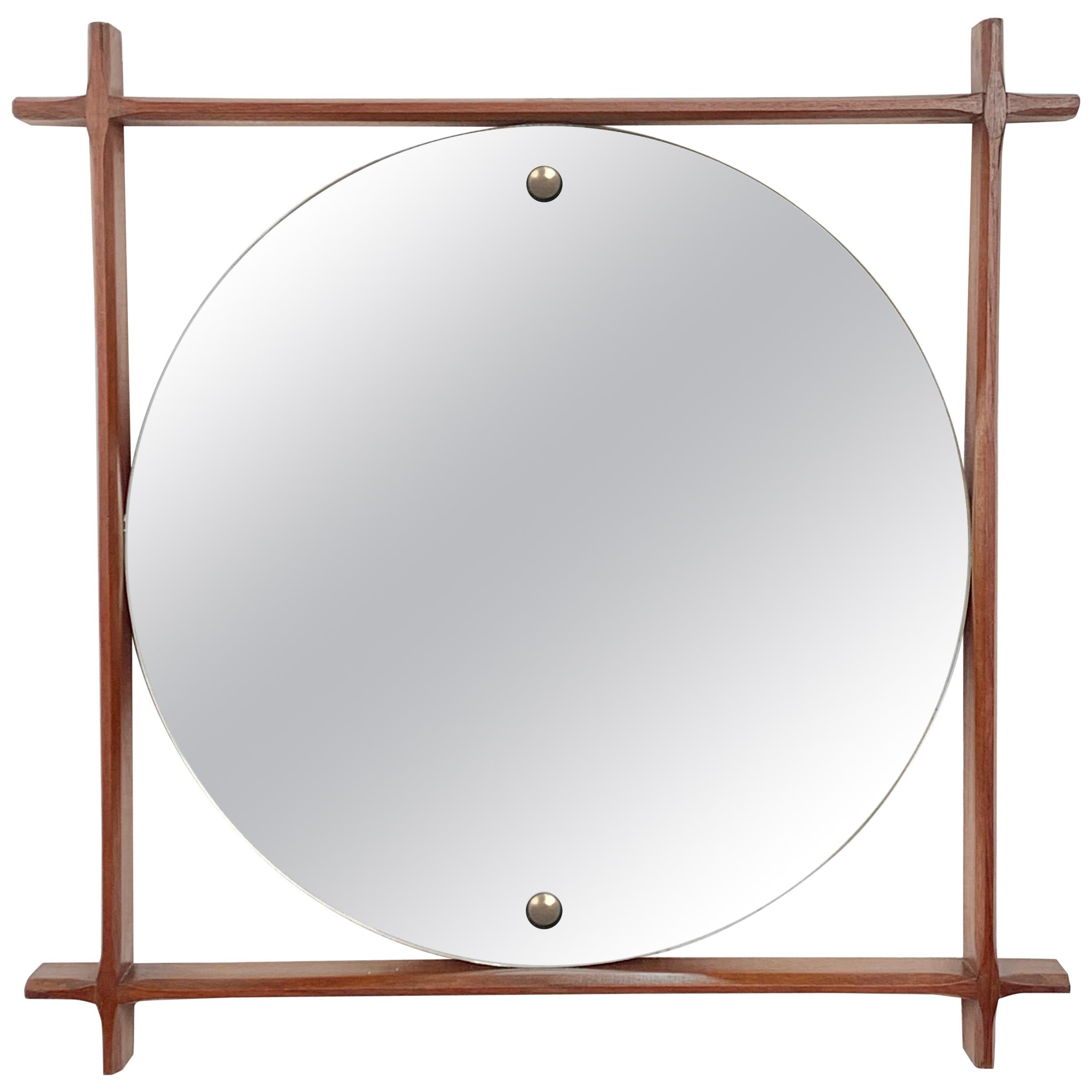 Wall Mirror with Square Teak Frame, Midcentury Italia 1960s Scandinavian Style