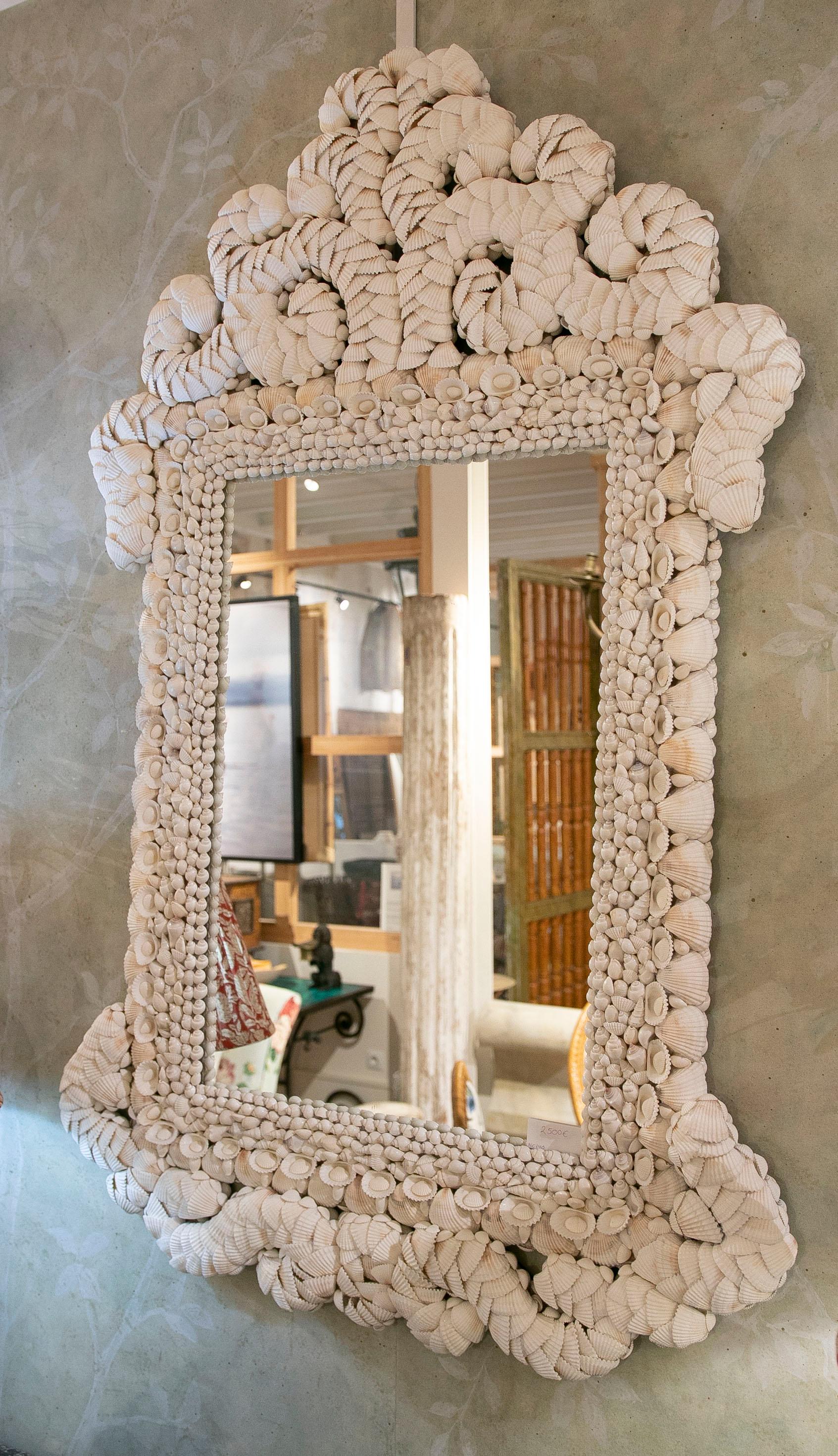 European Wall Mirror with Top Made of Seashells and Conch Shells