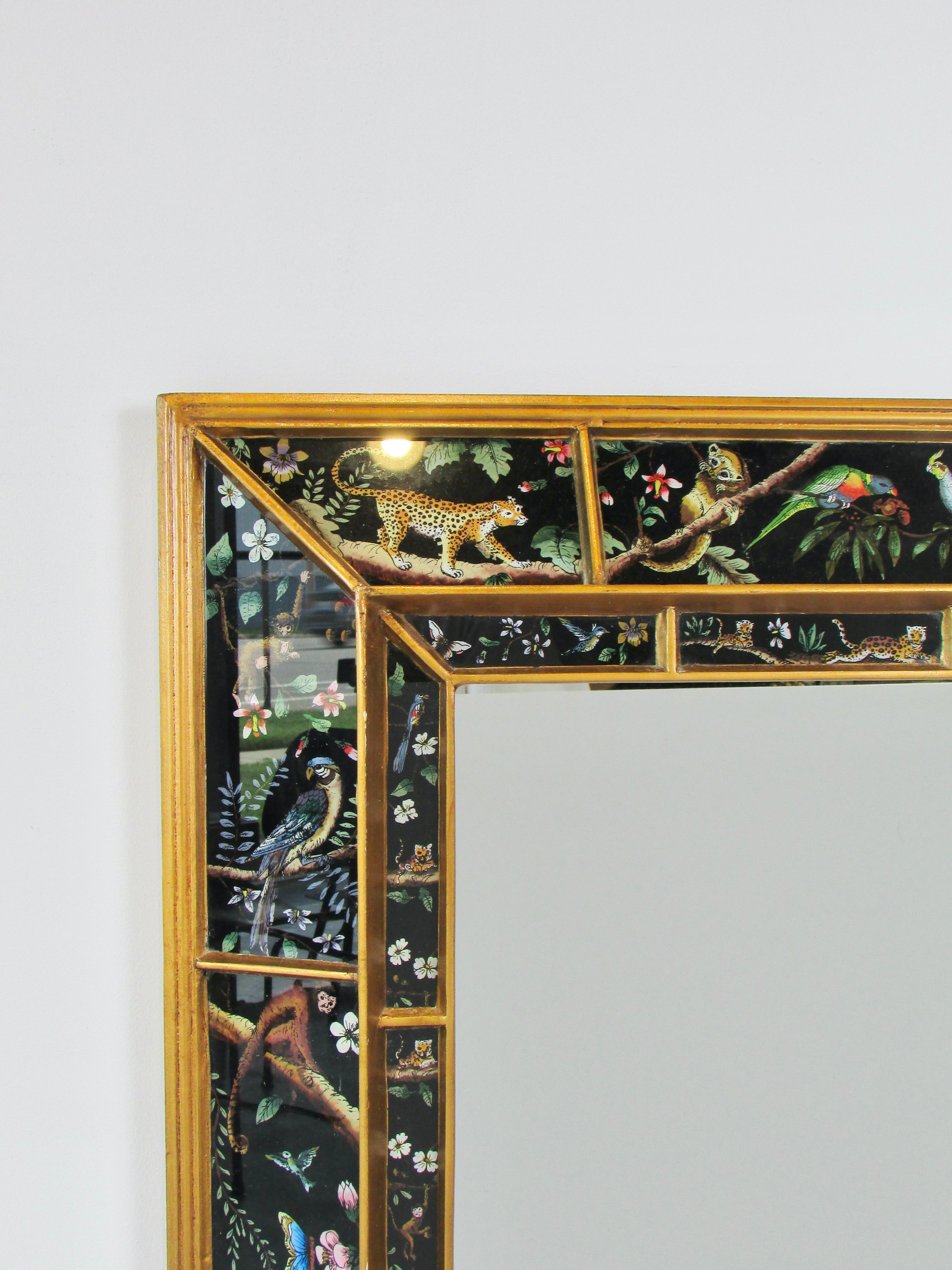 Chinoiserie Wall Mirror with Vivid Exotic Panther Tiger Monkey Birds Butterfly Images