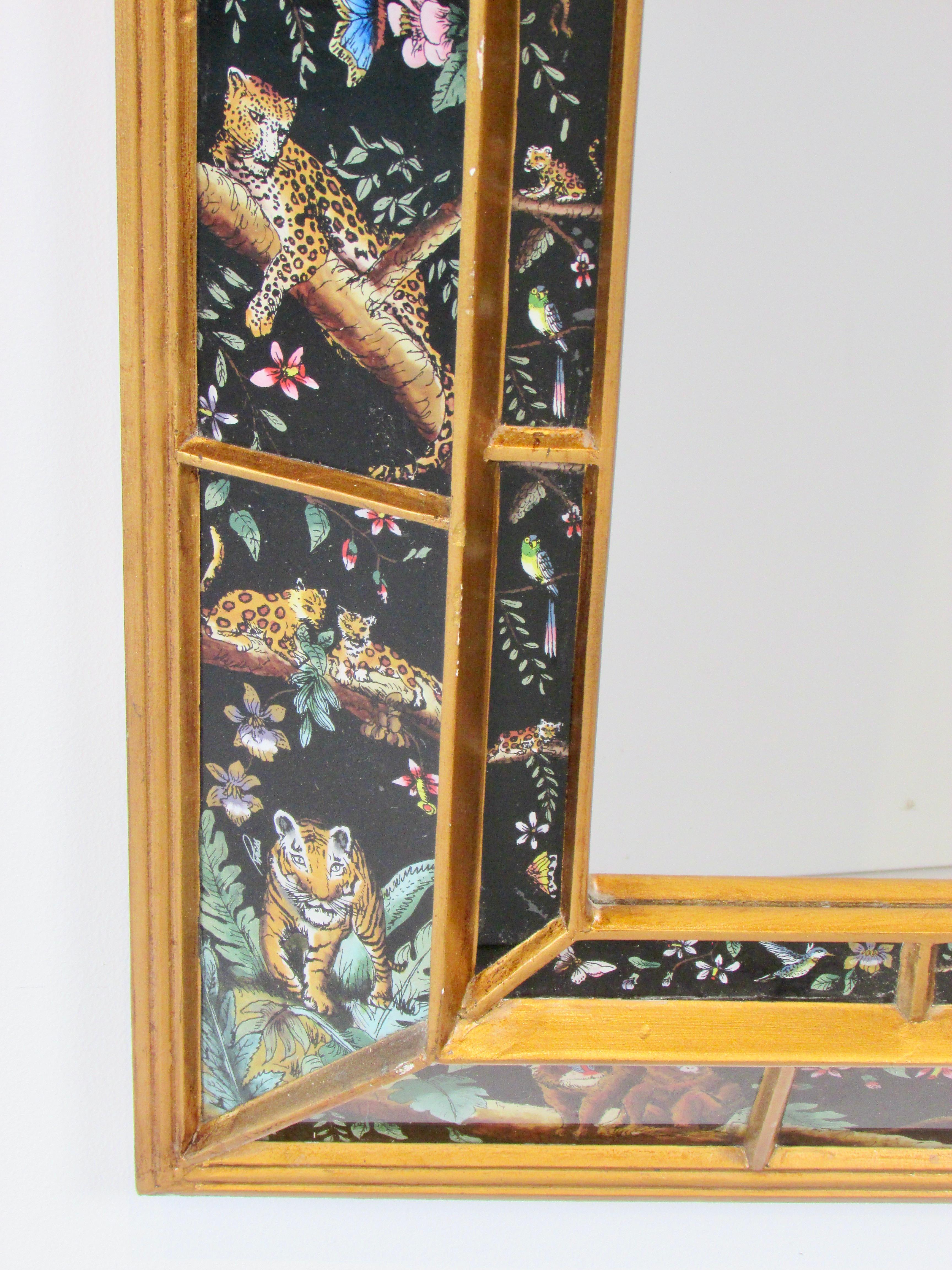 Peruvian Wall Mirror with Vivid Exotic Panther Tiger Monkey Birds Butterfly Images