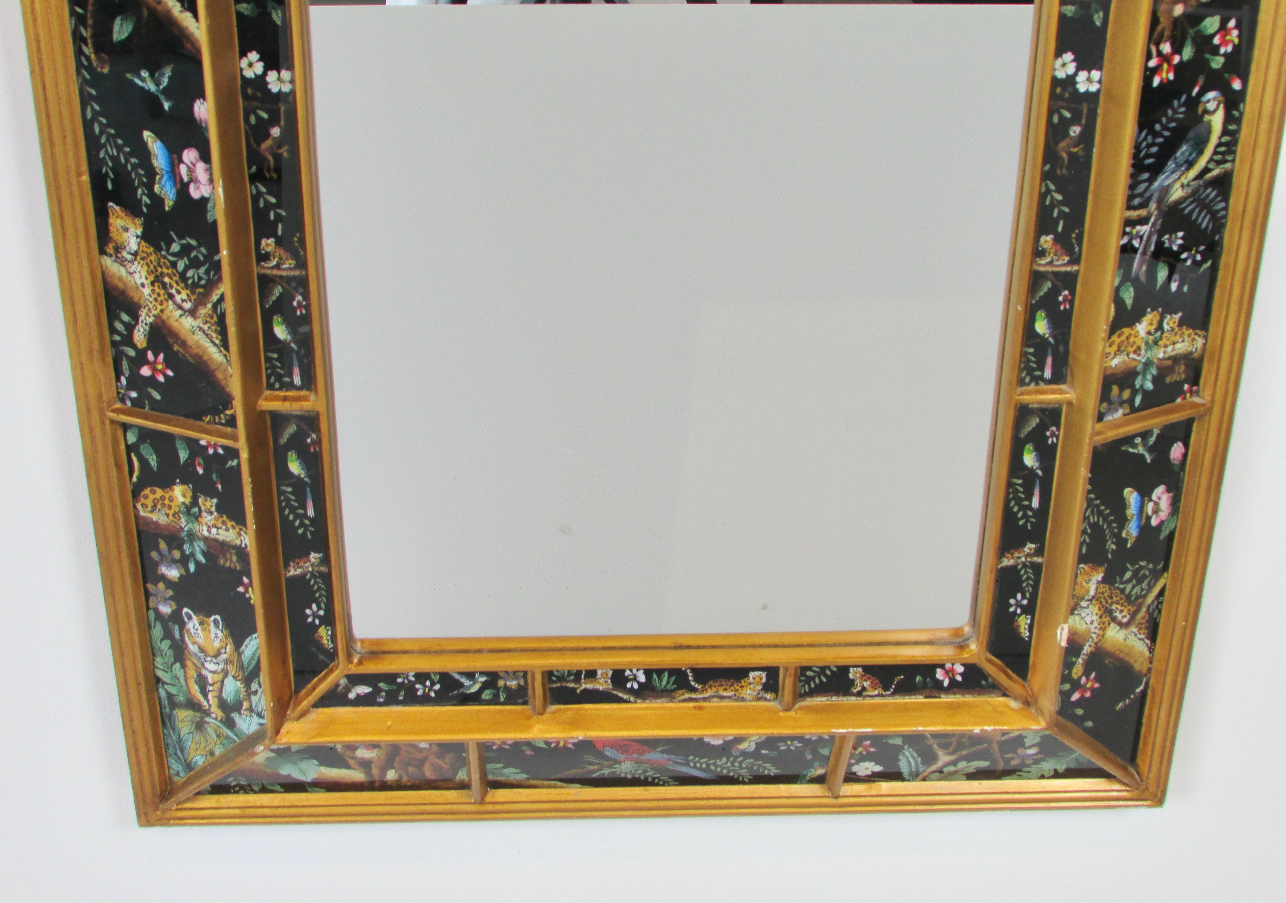 Wall Mirror with Vivid Exotic Panther Tiger Monkey Birds Butterfly Images In Good Condition In Ferndale, MI