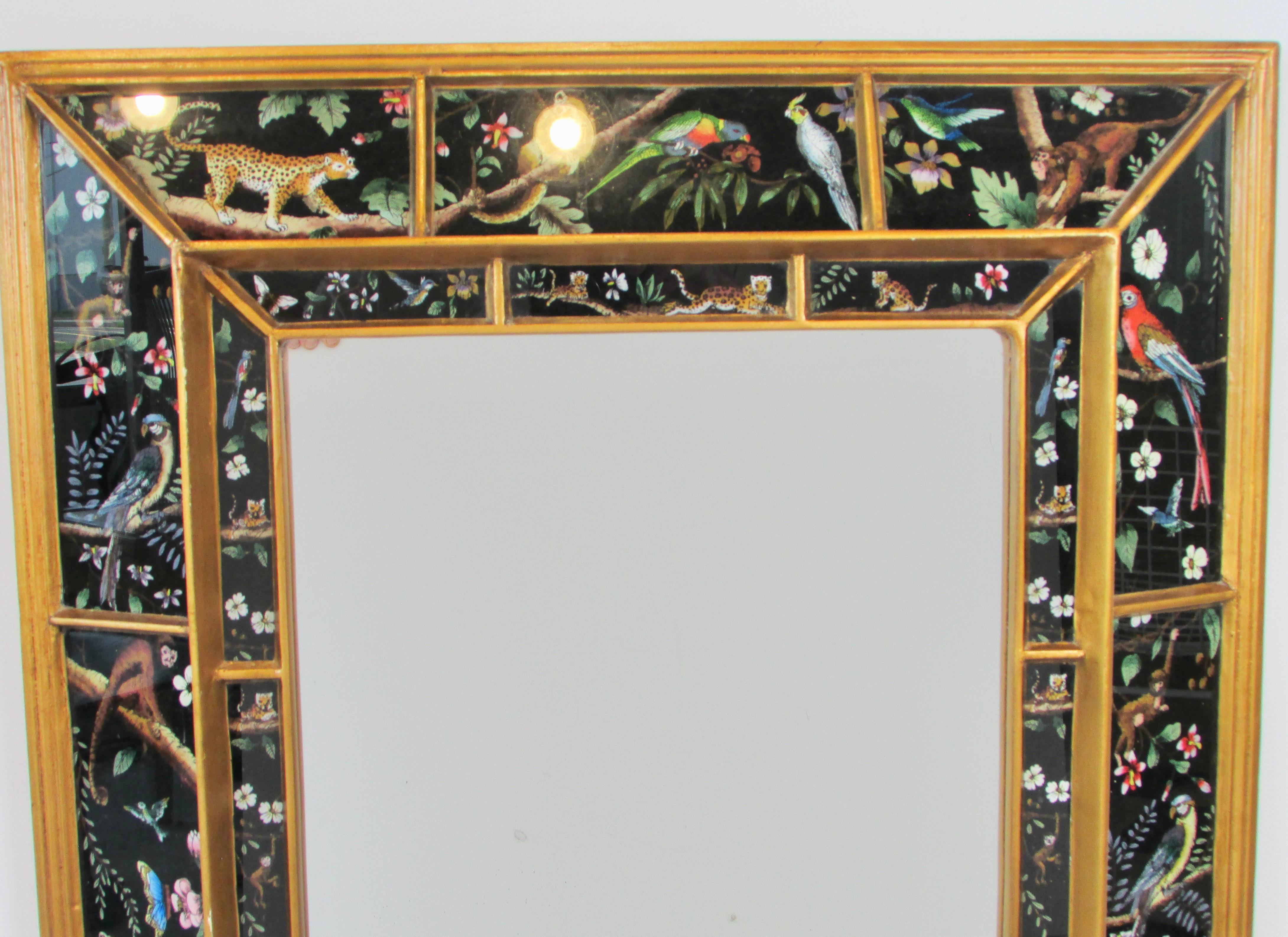 Late 20th Century Wall Mirror with Vivid Exotic Panther Tiger Monkey Birds Butterfly Images
