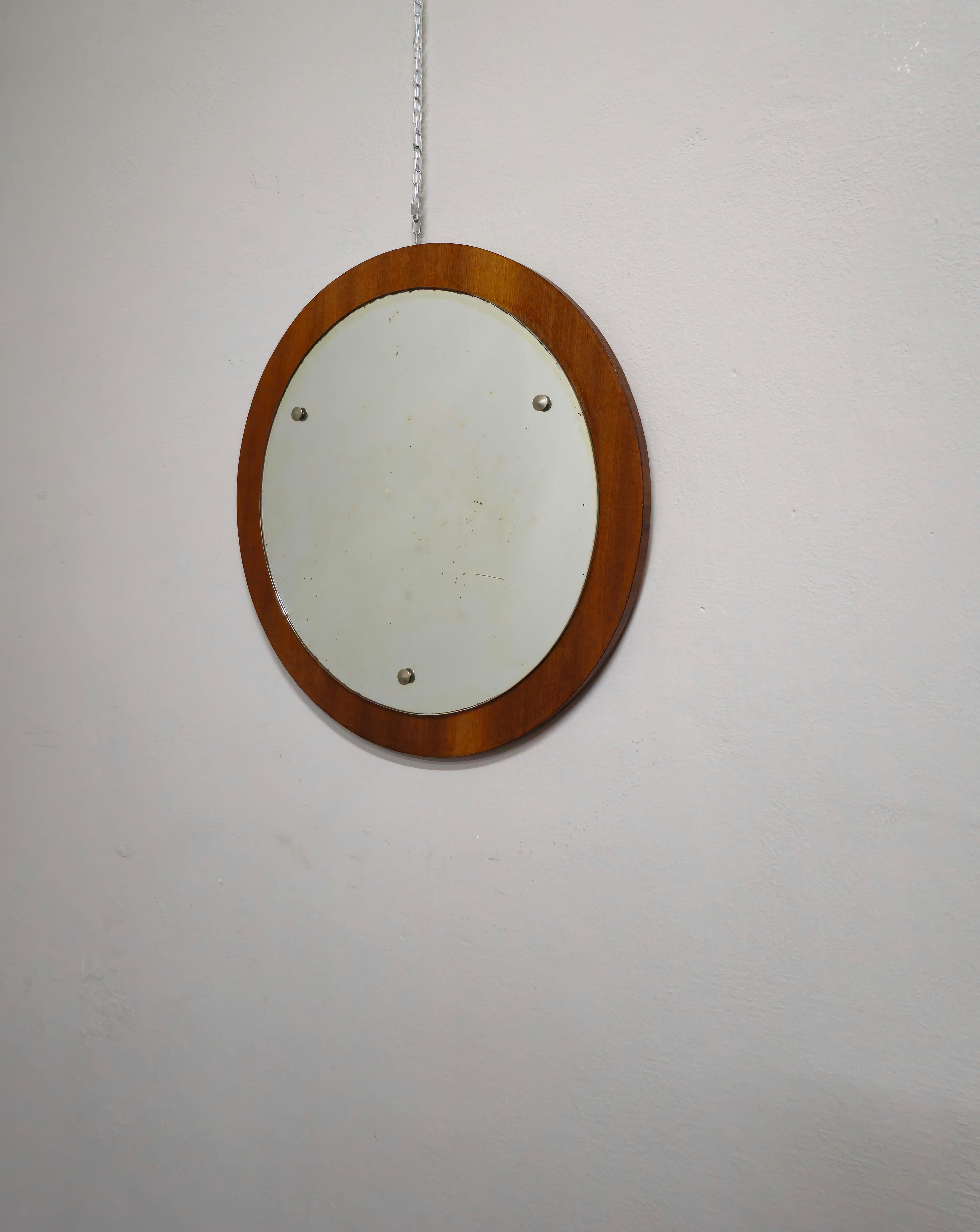 Wall Mirror Wood Round Shaped Aluminum Midcentury Modern Italian Design 1960s For Sale 1