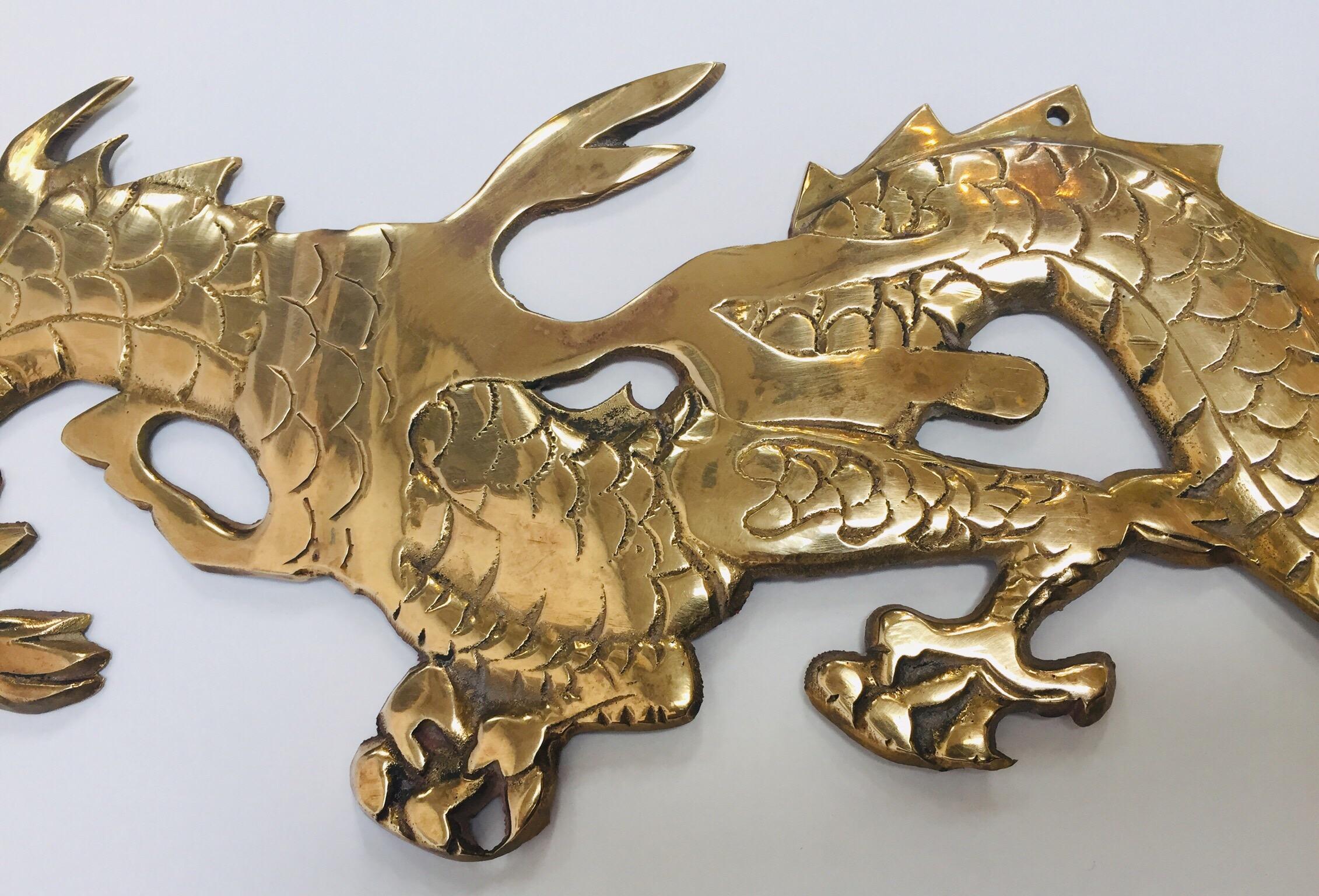 Hand-Carved Wall Mount, Asian Cast Brass Dragon Chasing a Ball