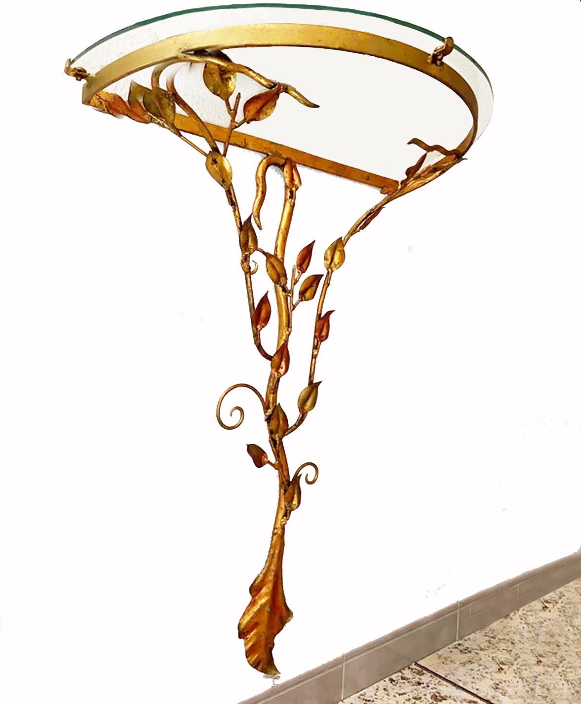 Forged  Console Table Wall Mount Hollywood Regency Iron Leaves Gold Leaf France 50s For Sale