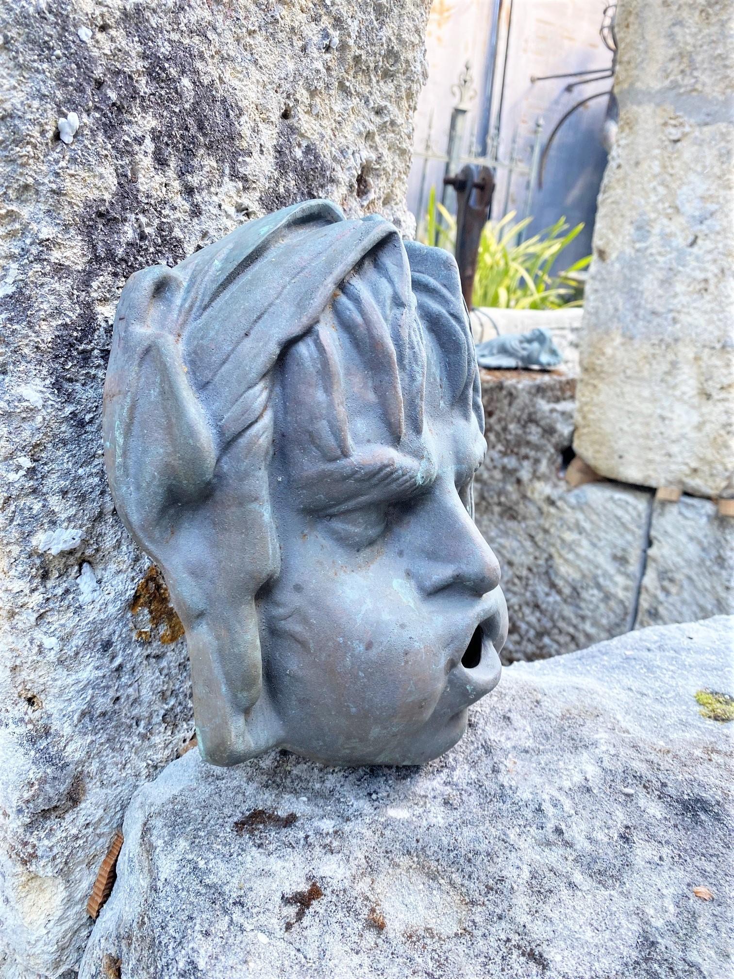 Late 20th Century Wall Mount Fountain Head of a Girl Cast Bronze Spout Water Feature Antiques CA For Sale