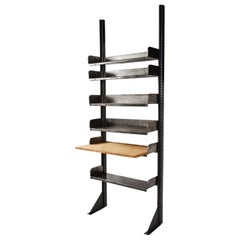 Wall-Mount Midcentury French Industrial Iron Shelving System with Wood Desktop