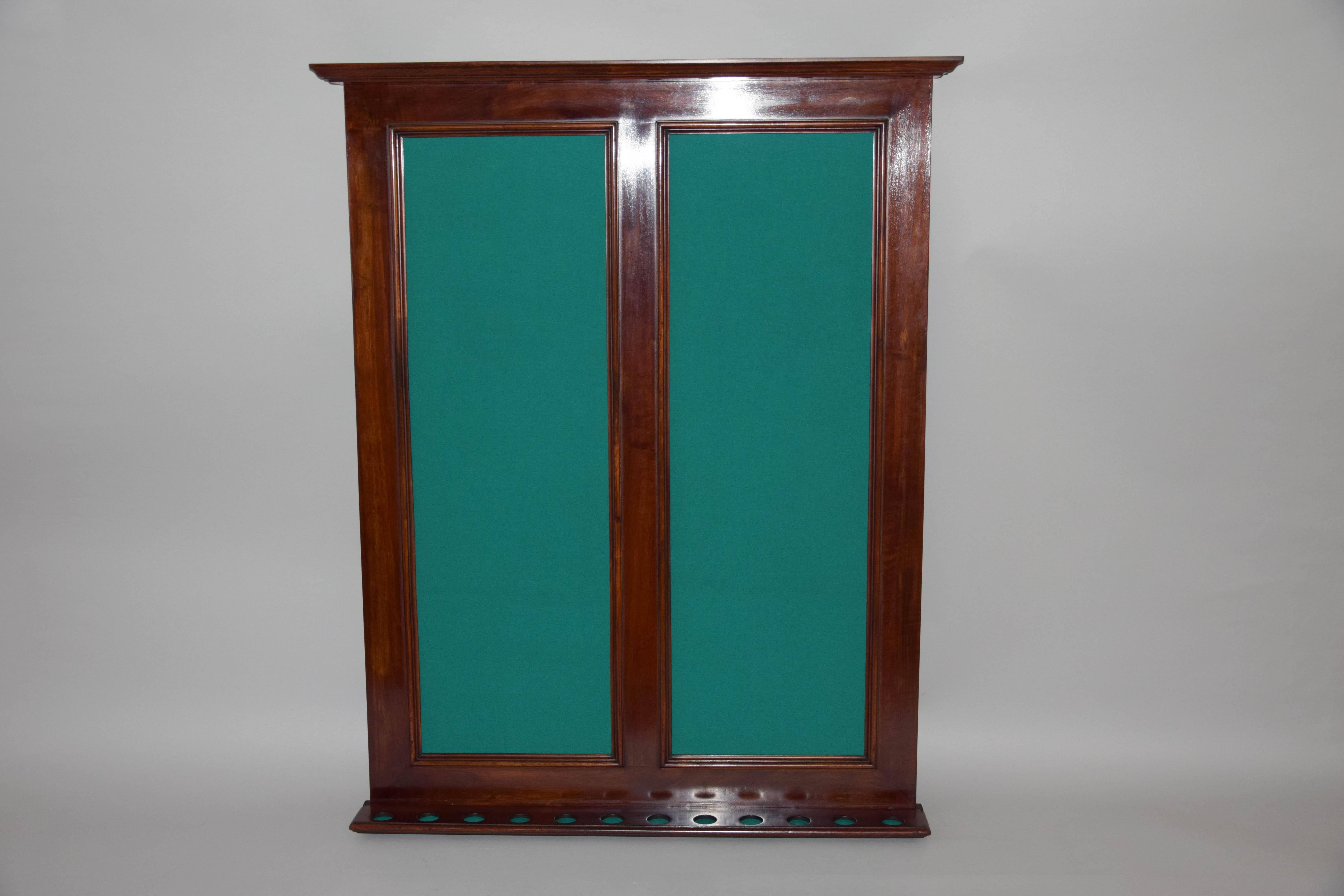 Art Nouveau/Art Deco wall mount billiard cue rack for 12 cues used in pub. Circa 1910s-1920s. Restored, new shellac hand polished, new green billiard fabric.