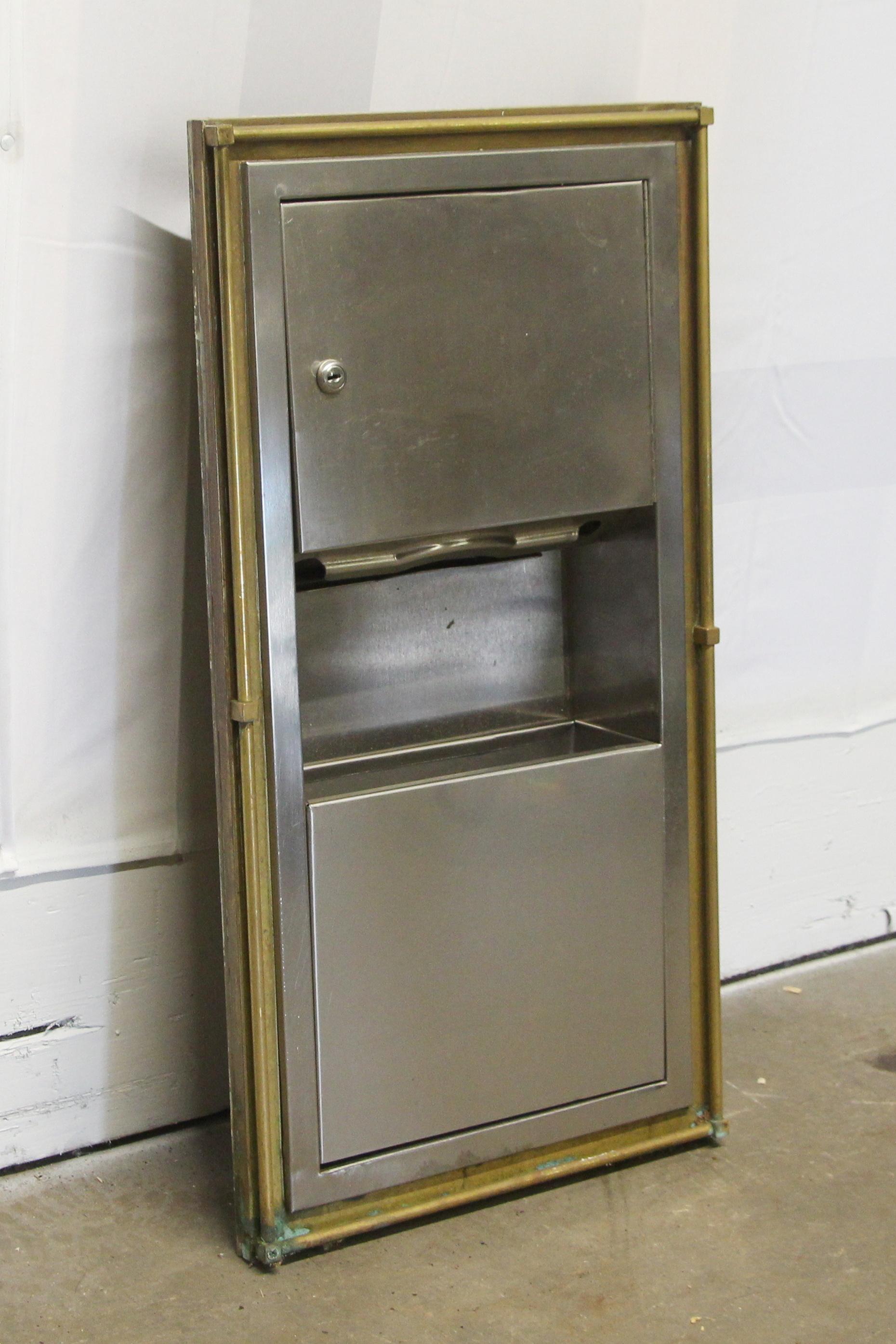 Reclaimed metal Waldorf Astoria paper towel holder and trash bin with original brass details. This was removed from the most recent renovation at the Waldorf. Purchase includes authenticity card. This can be seen at our 400 Gilligan St location in